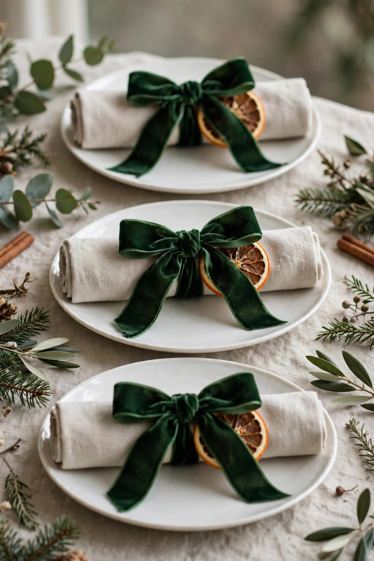 Napkins tied with green velvet ribbon bows