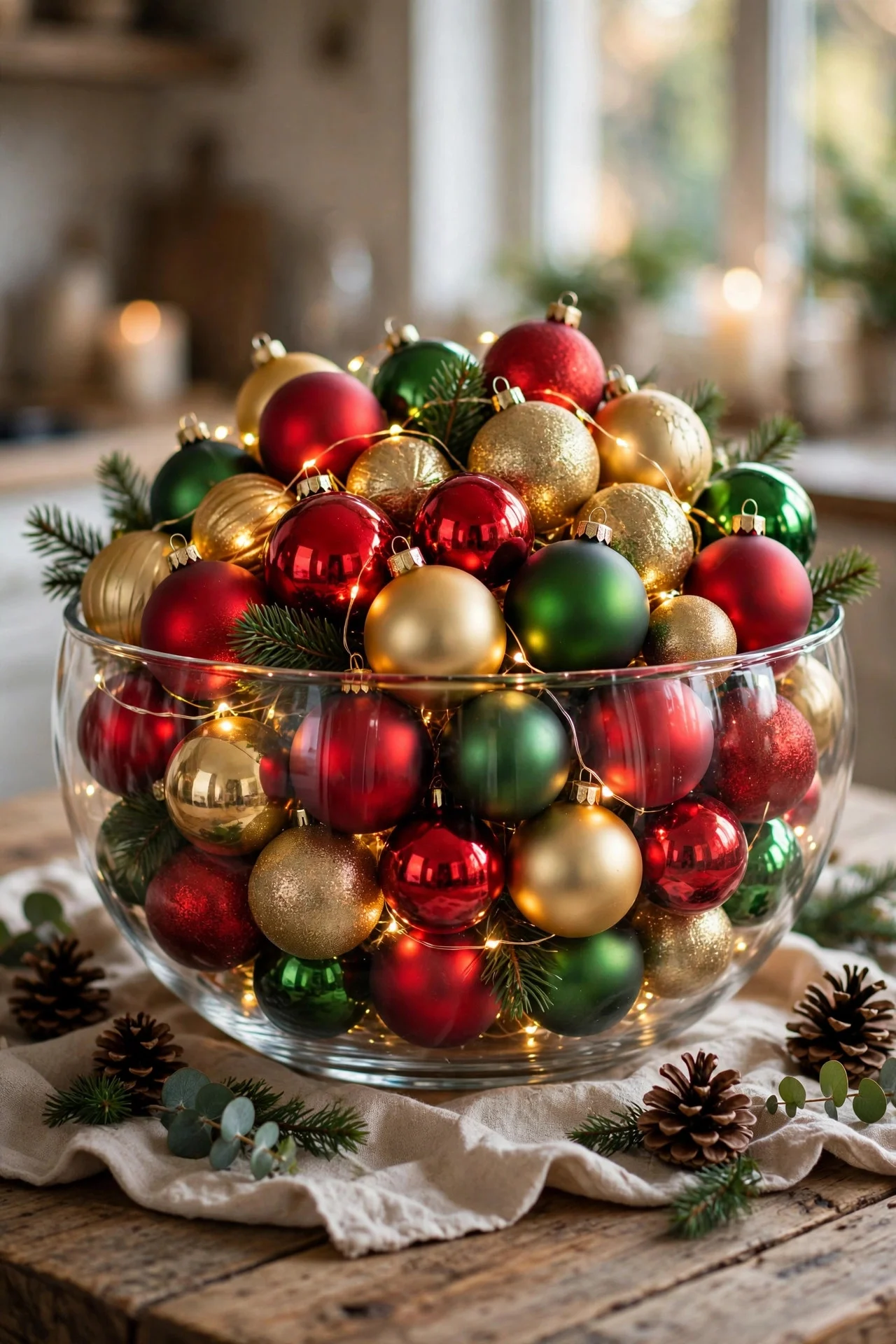 Glass bowl filled with Christmas ornaments as centerpiece
