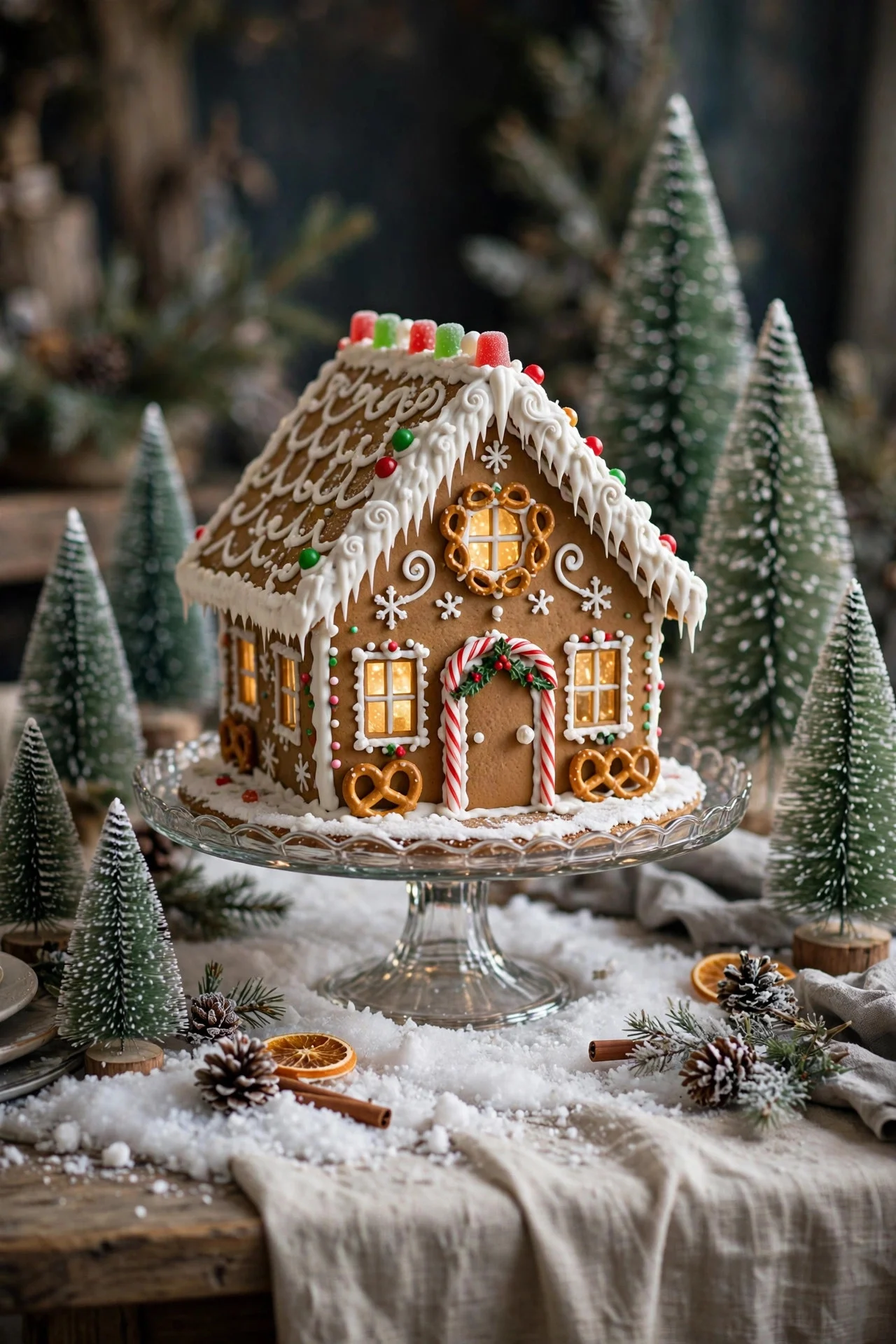 Gingerbread house centerpiece on cake stand with faux snow