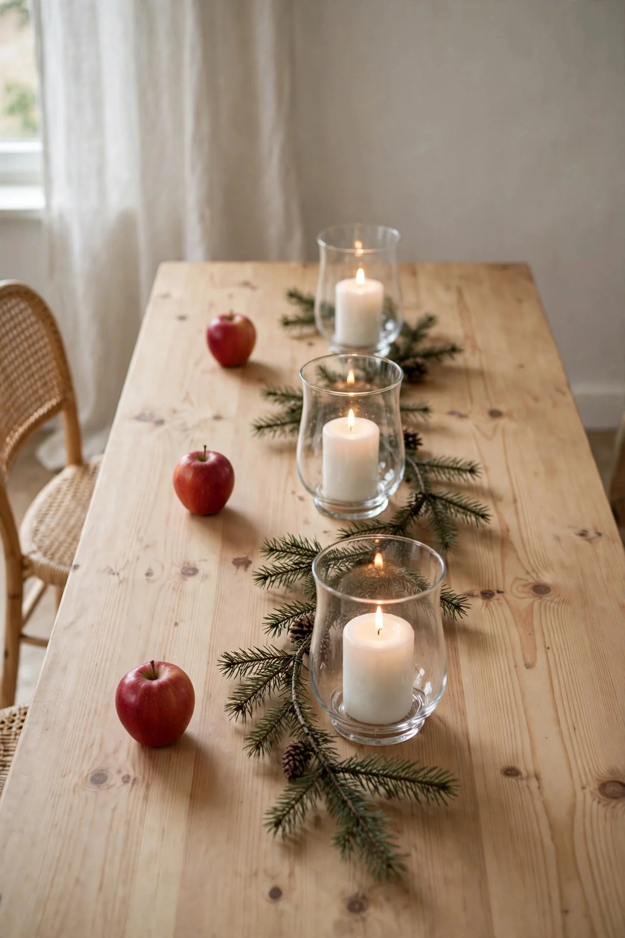 Scandinavian minimal Christmas table with pine and white candles
