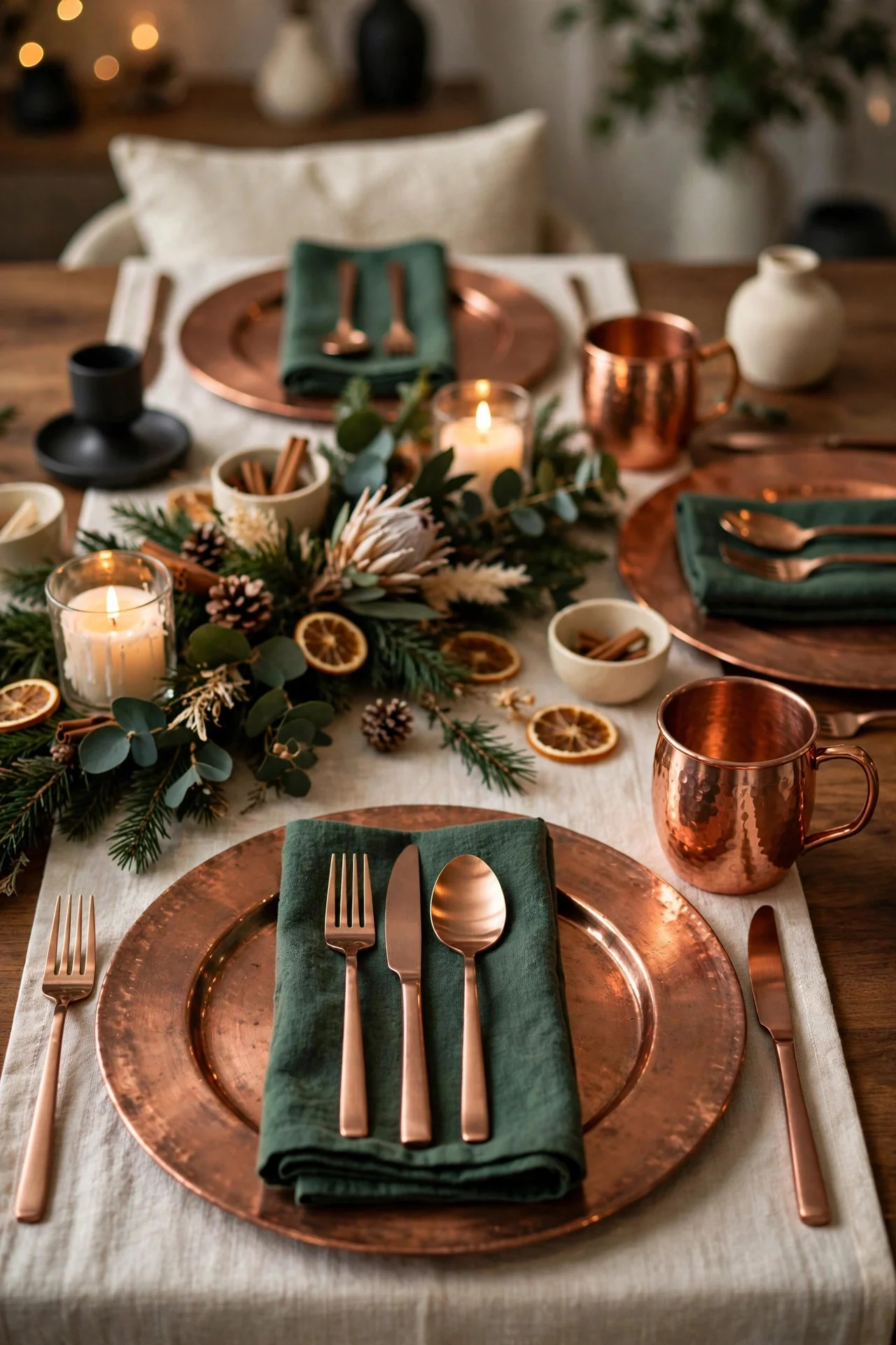 Copper and rose gold accents on Christmas dinner table