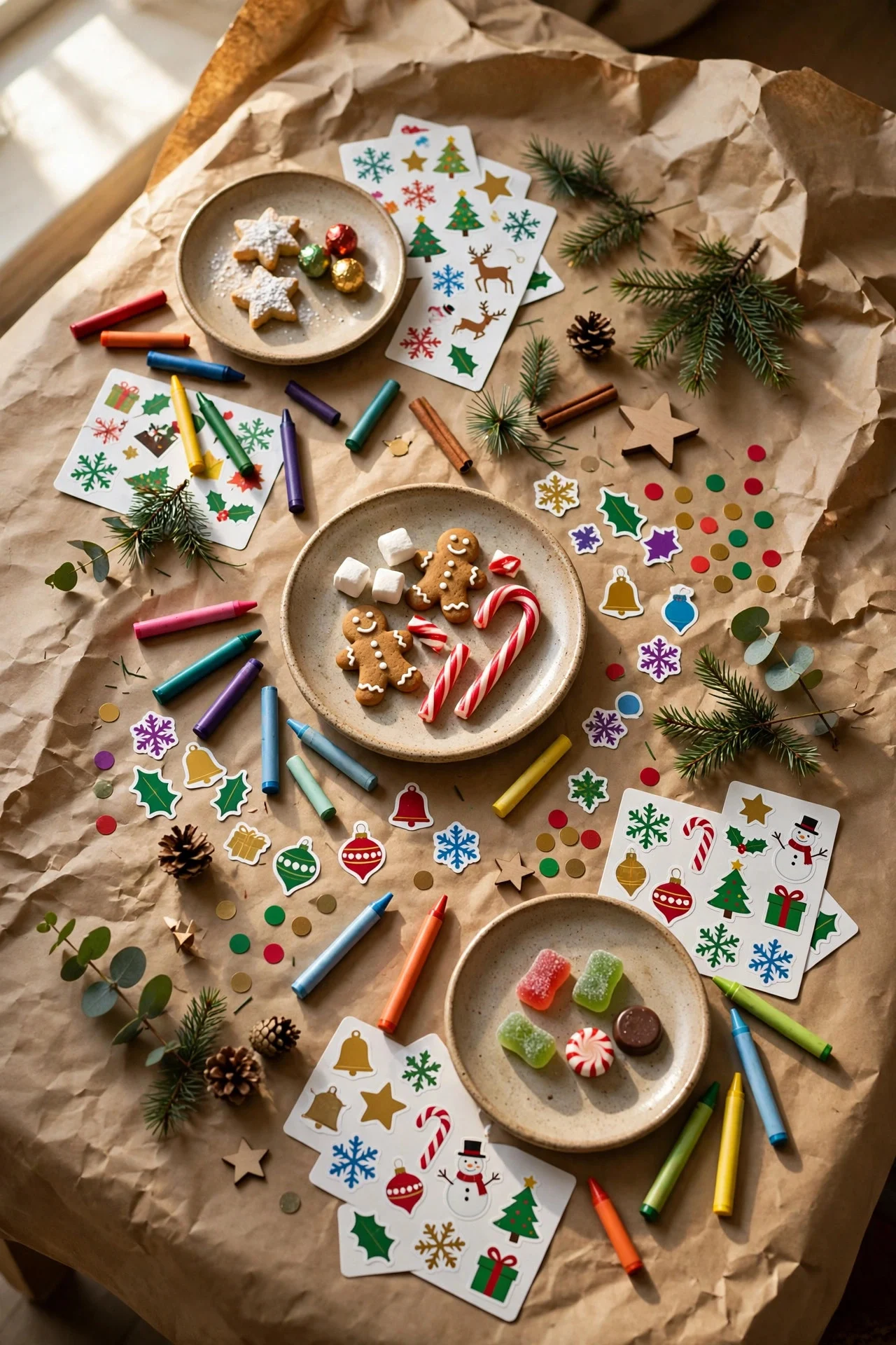Kids Christmas table with kraft paper covering and crayons
