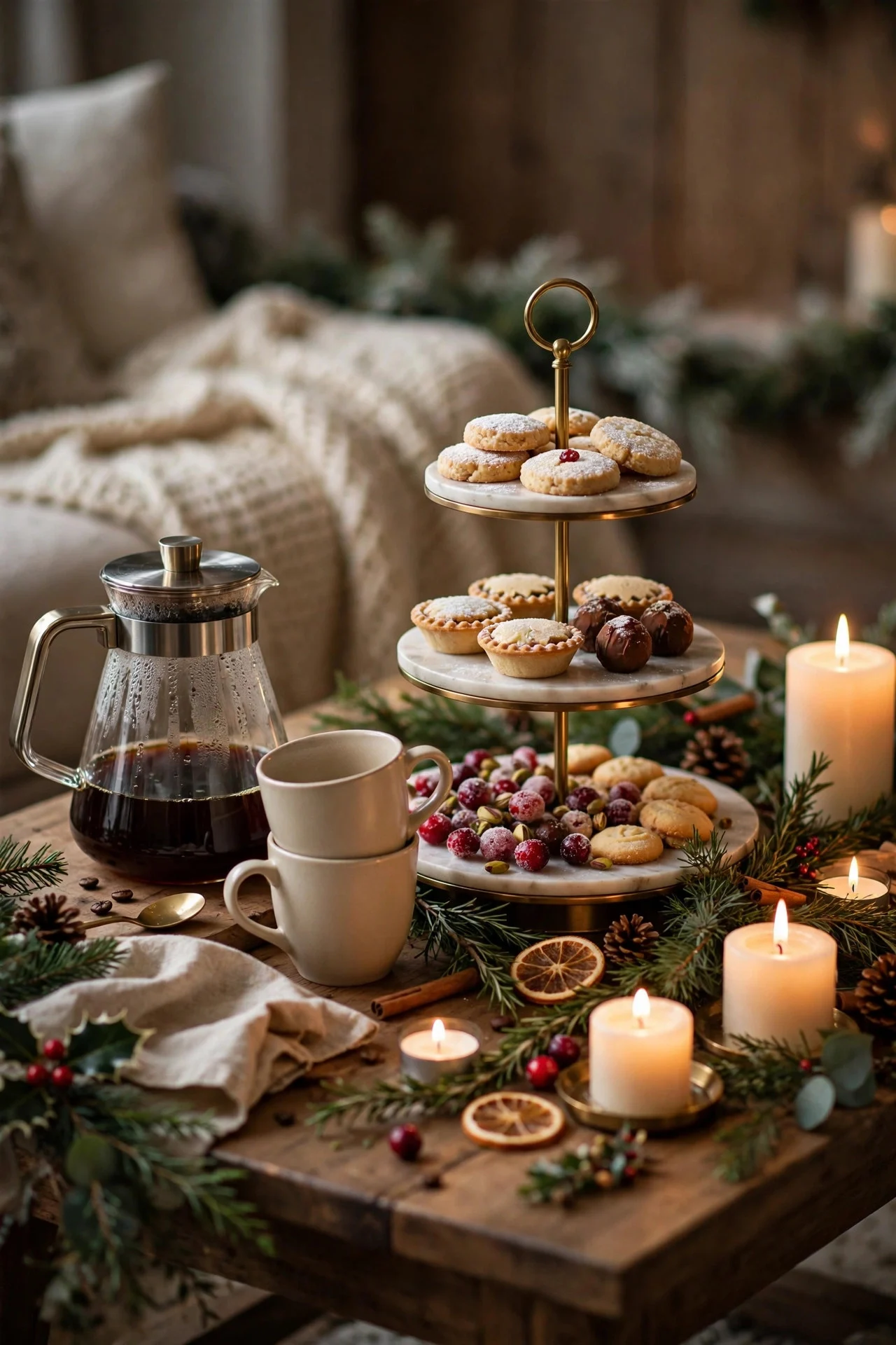 Christmas coffee and dessert station with mugs and treats
