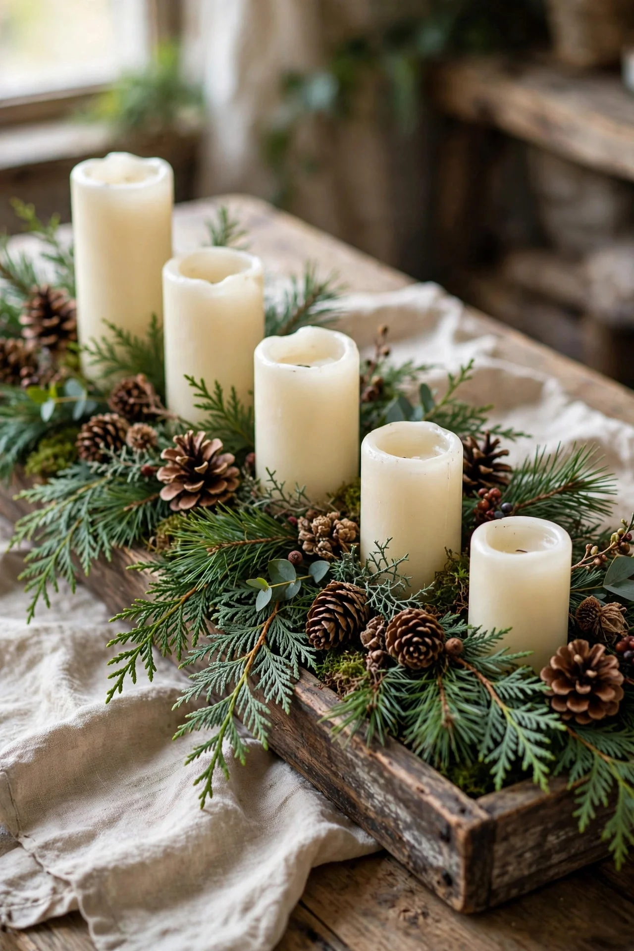 DIY evergreen and pinecone tray centerpiece with pillar candles