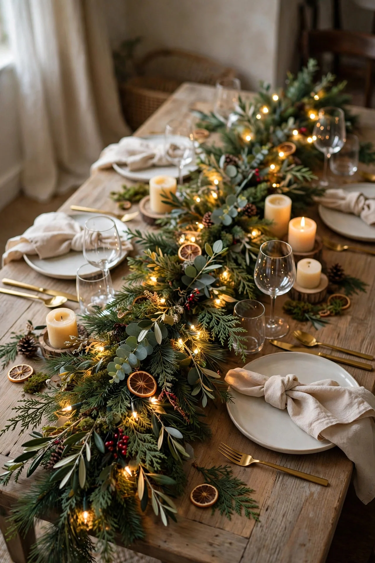 Pre-lit faux cedar garland with warm lights on dining table