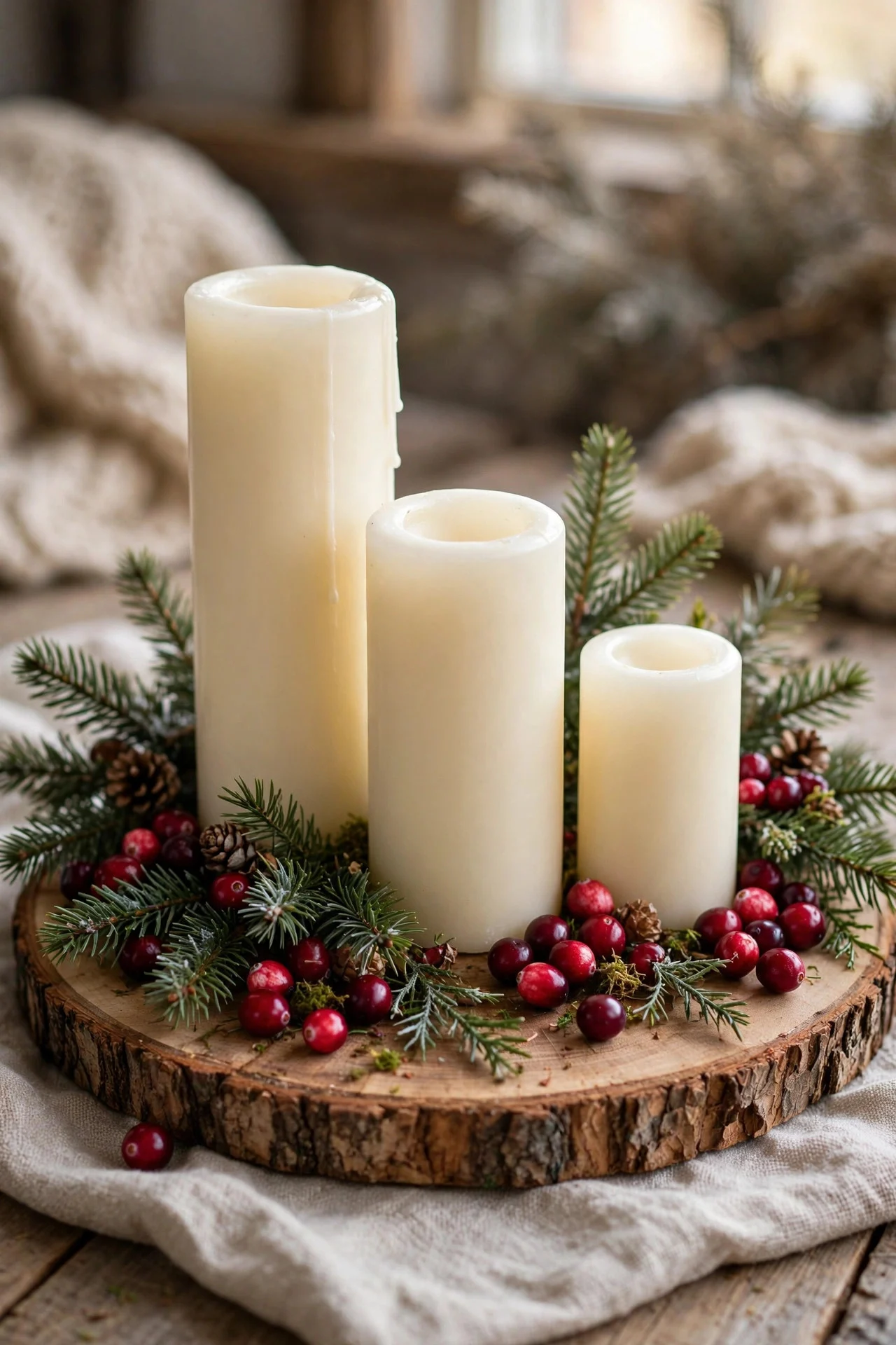 Wood-slice candle board with pillars, cranberries, and fir