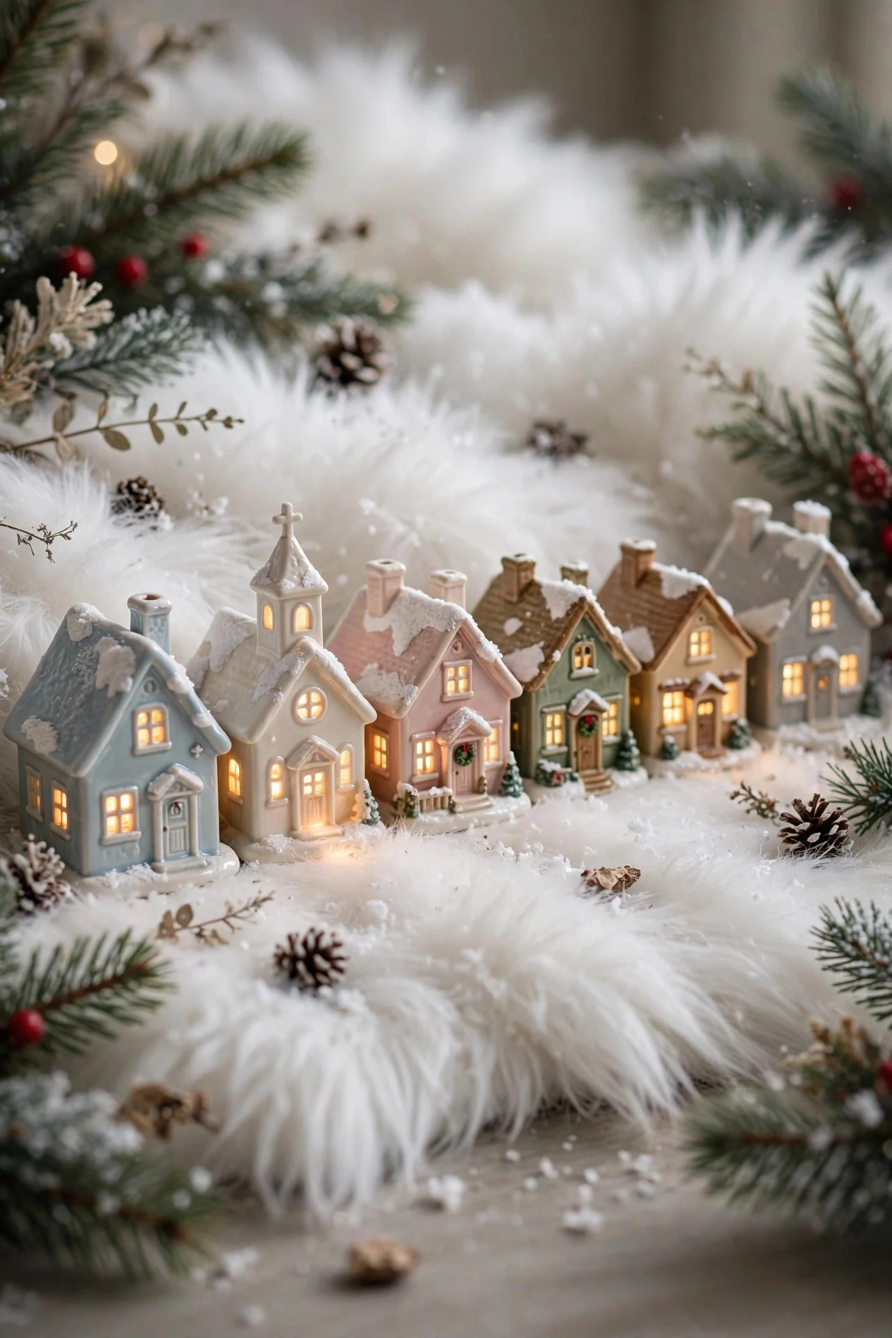 Ceramic Christmas village houses glowing on faux snow