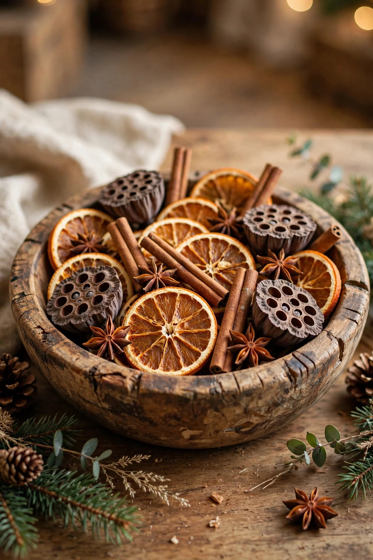 Dough bowl filled with dried citrus and spices