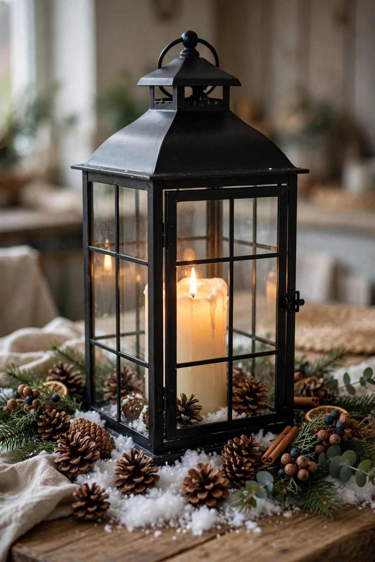 Oversized black lantern with pillar candle centerpiece