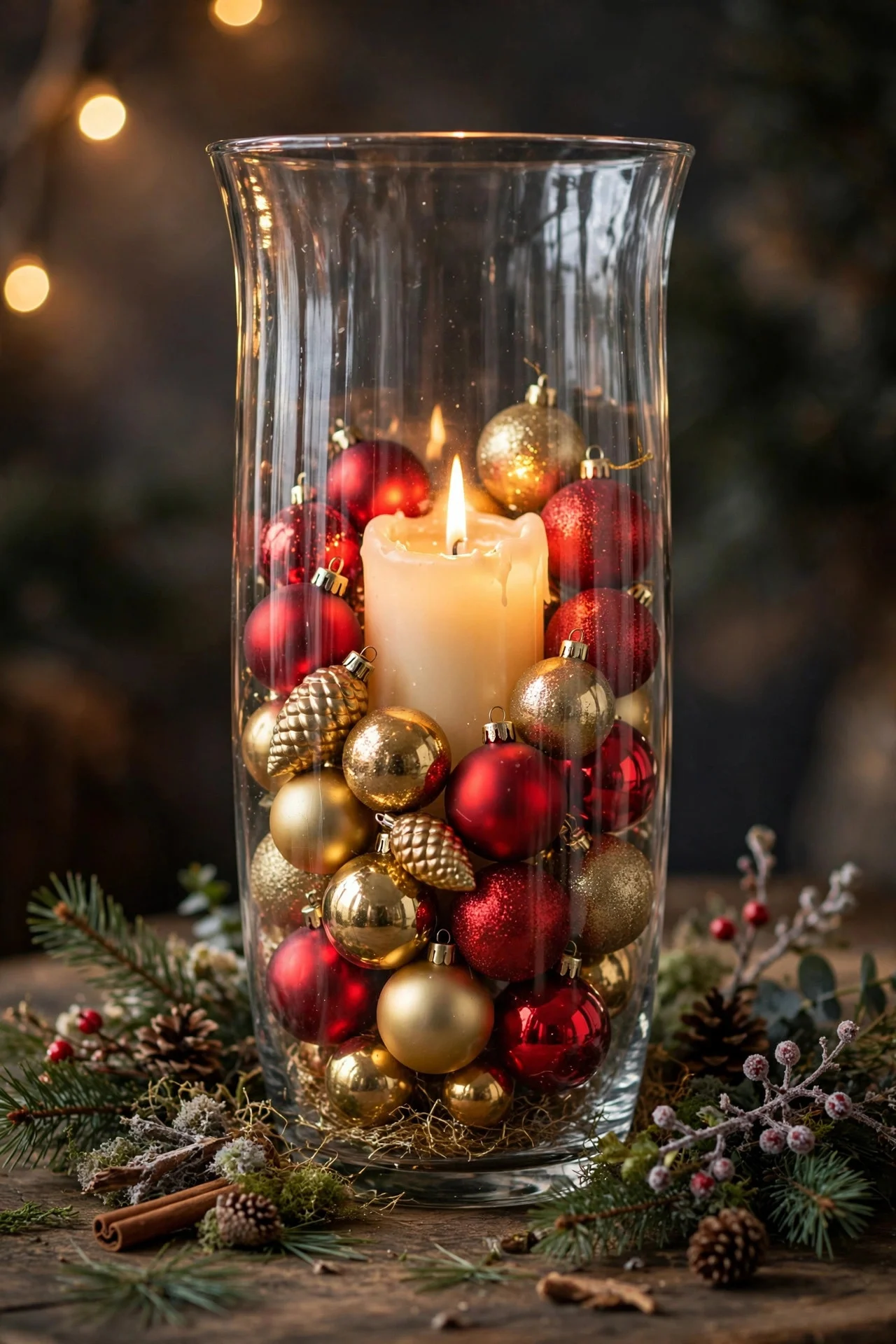Hurricane vase layered with ornaments around pillar candle
