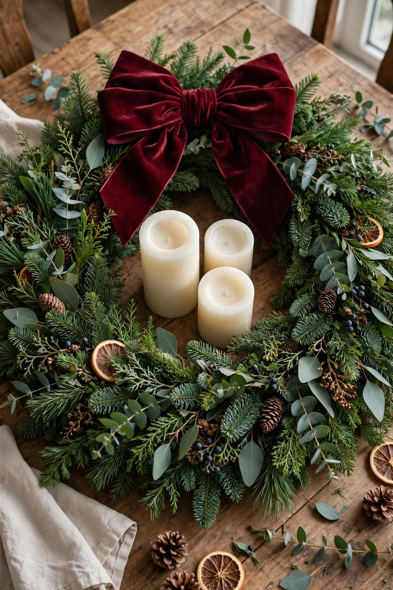 Flat wreath with velvet bow and candles as table centerpiece