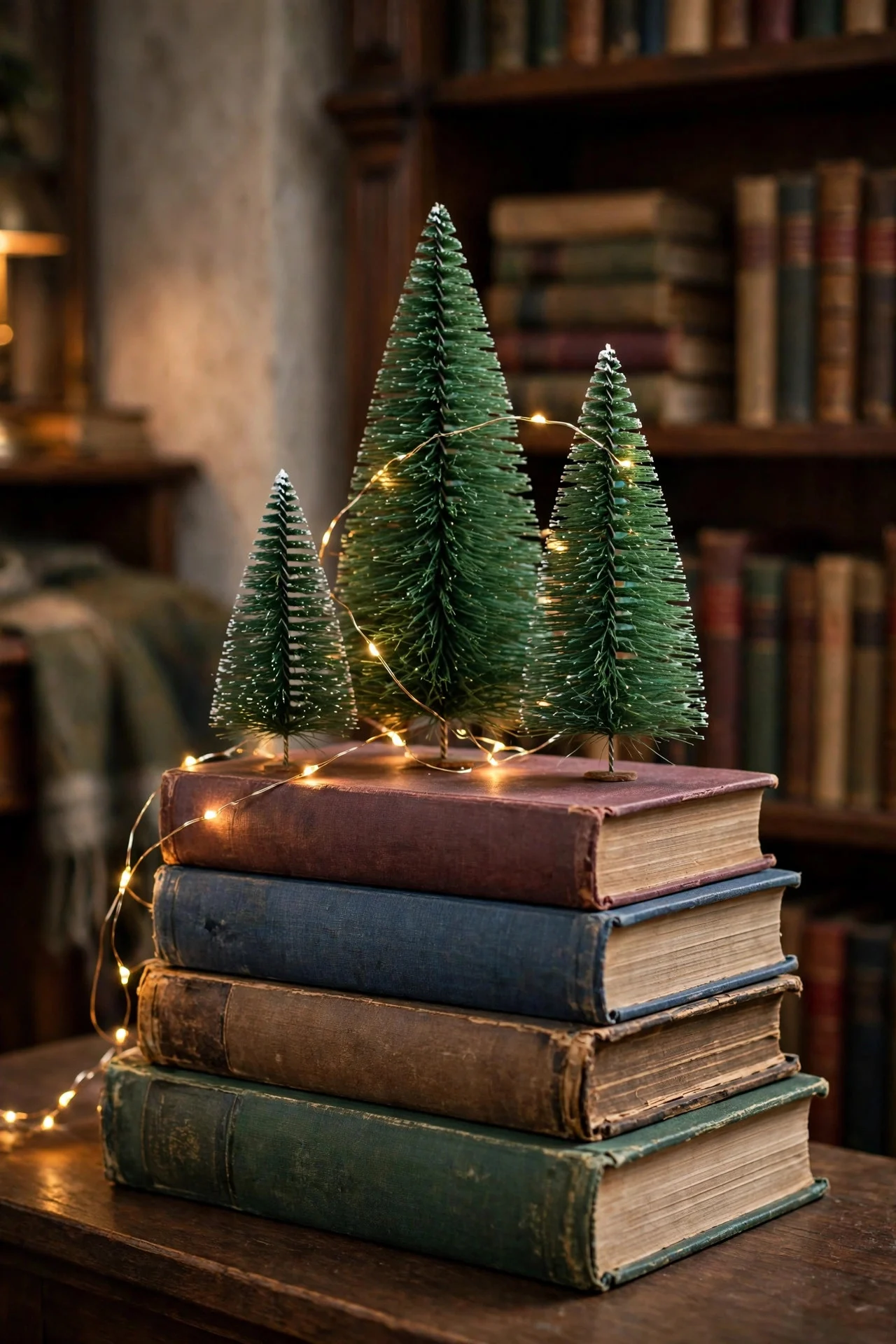 Vintage books stacked with bottle-brush trees and fairy lights