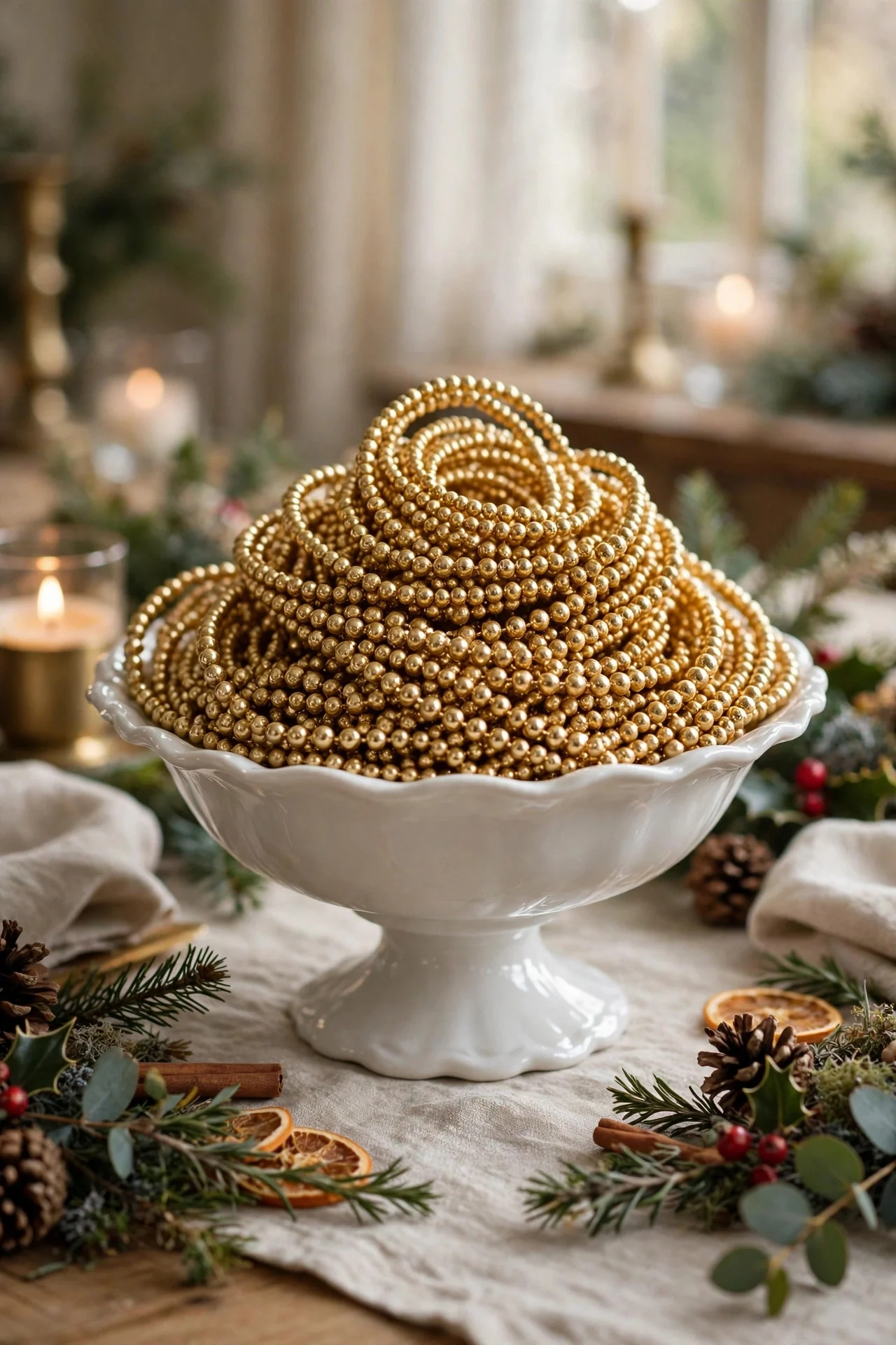 Gold beaded garland mounded in footed compote bowl