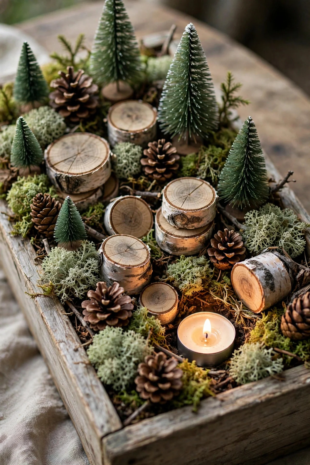 Miniature woodland moss scene with birch logs and tiny trees