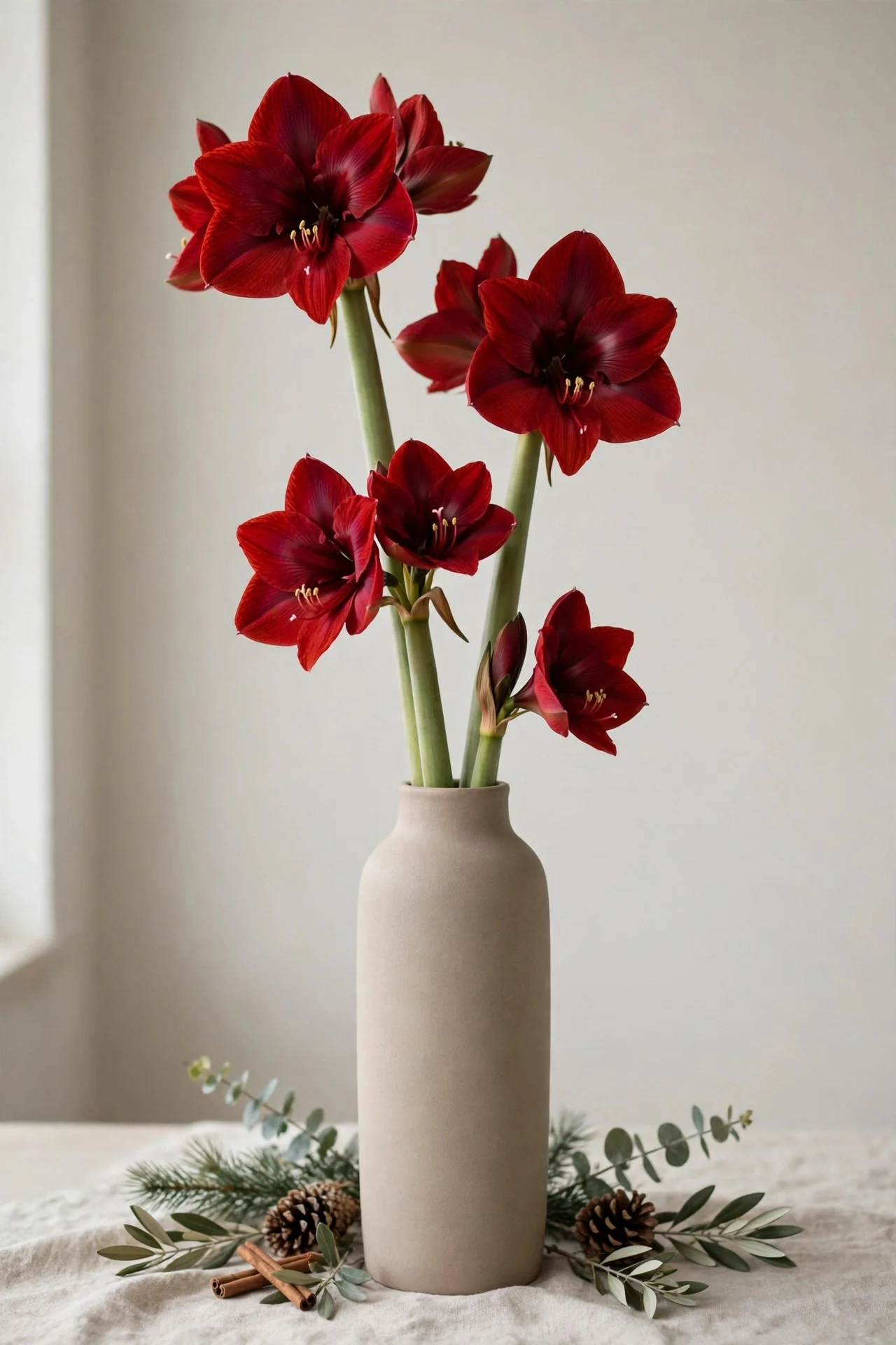 Faux red amaryllis stems in tall ceramic vase