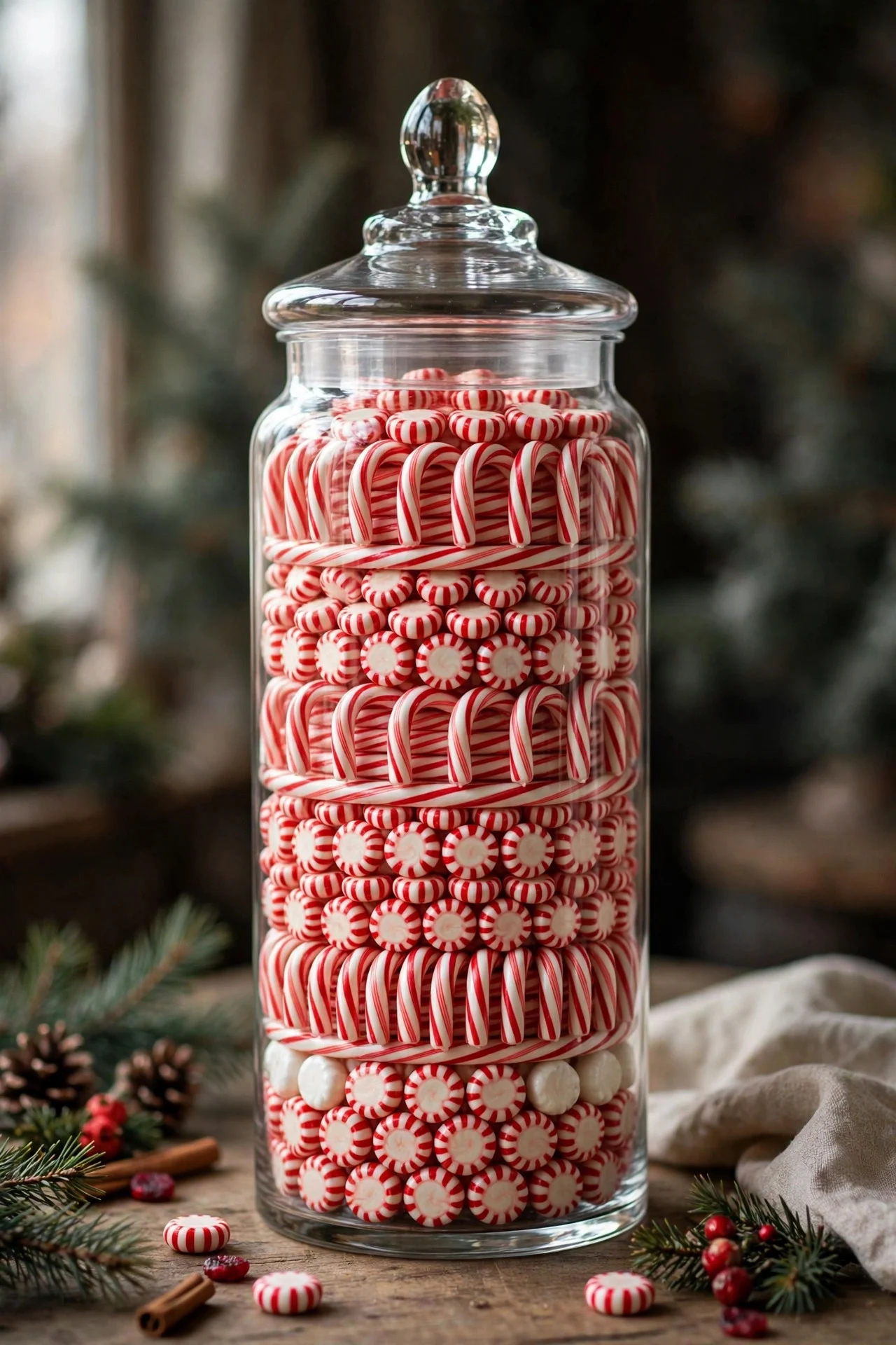 Apothecary jar layered with peppermint candies