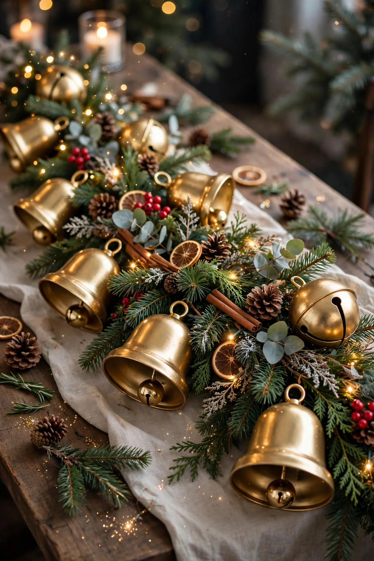Oversized gold jingle bell garland swag on table
