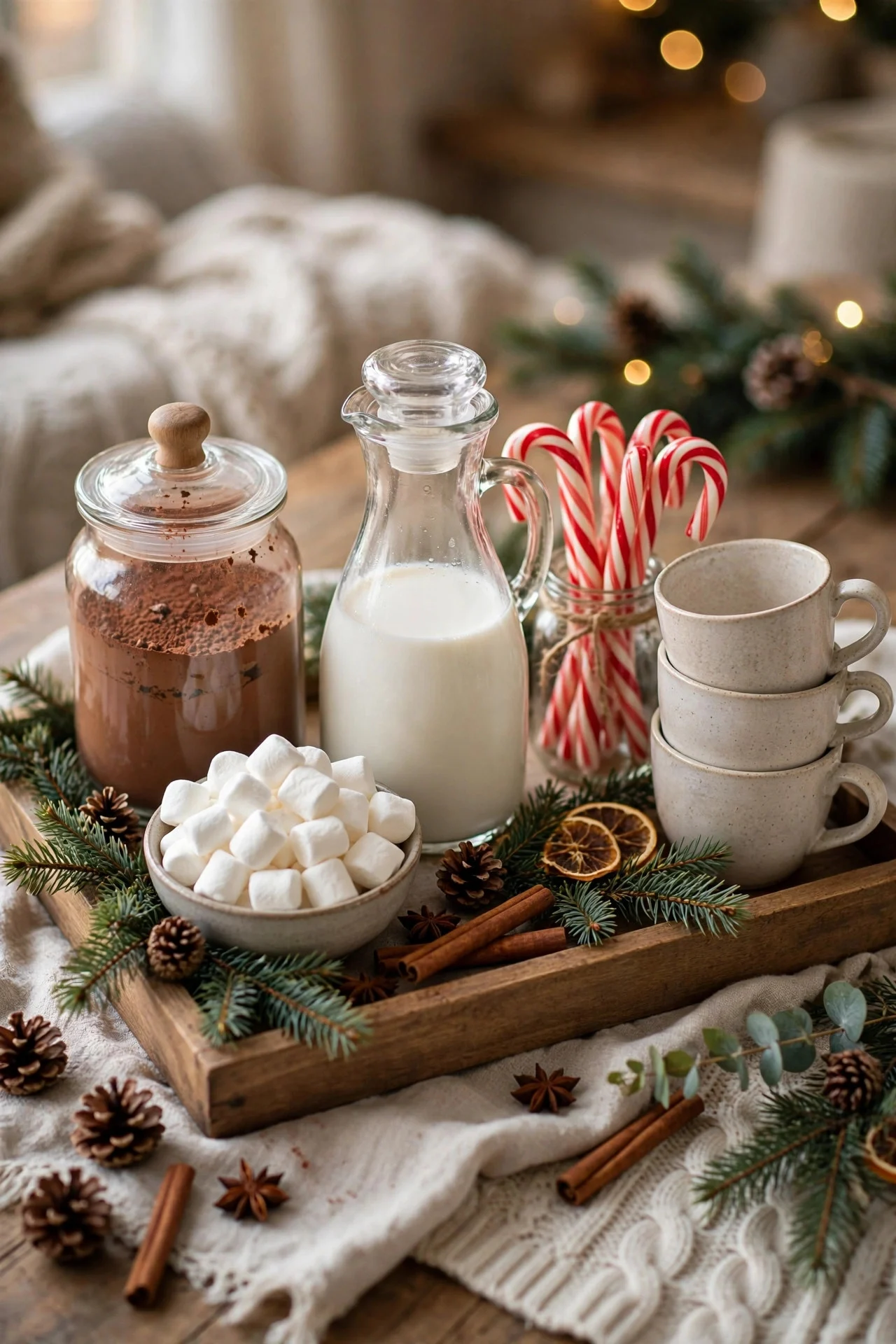 Hot cocoa bar tray with mugs, marshmallows, and candy canes