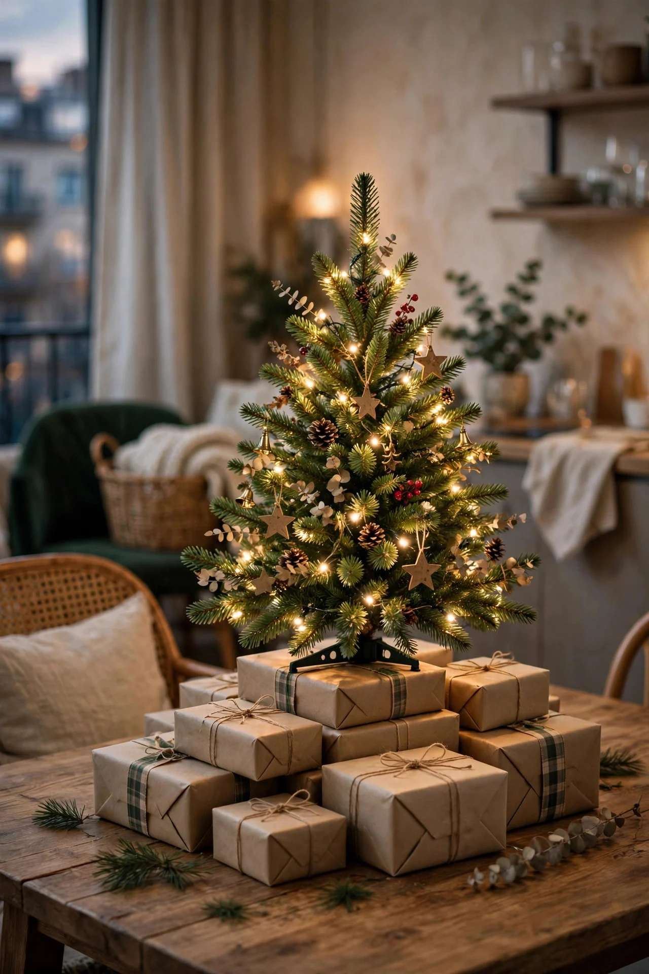 Pre-lit mini Christmas tree centerpiece on gift boxes