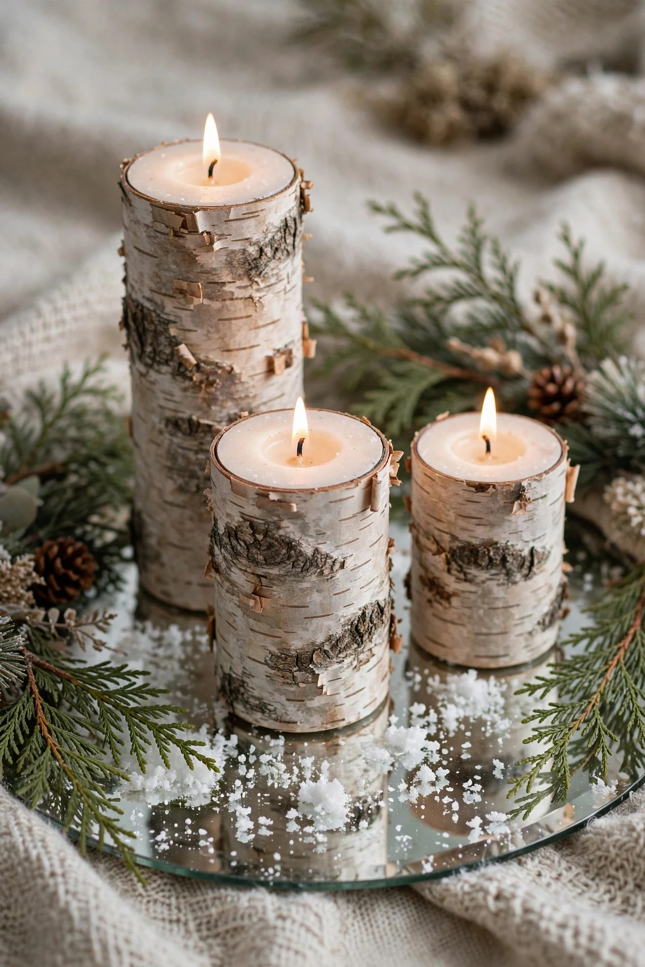 Birch bark candle trio on mirror with faux snow
