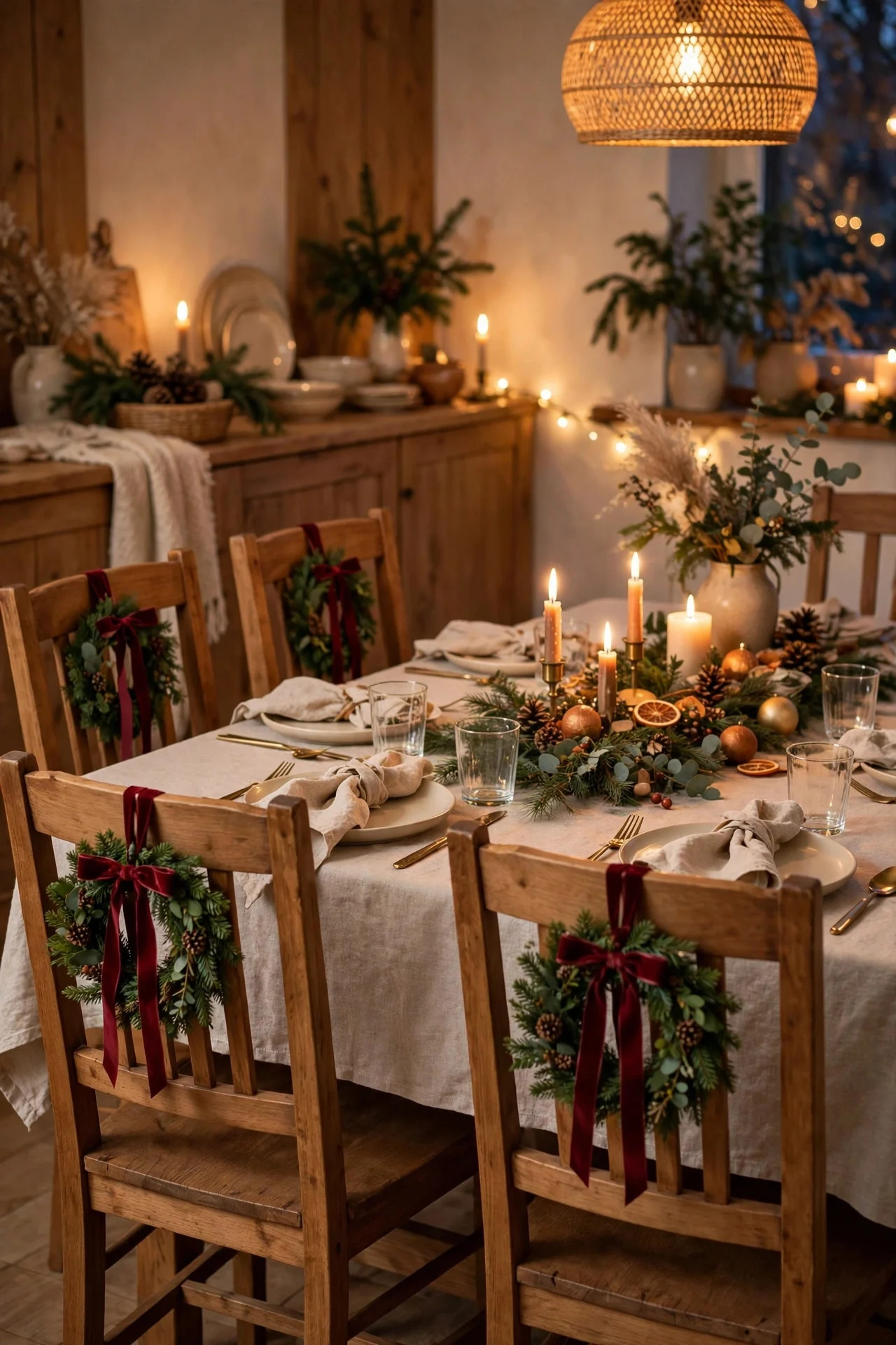 Mini wreaths tied with ribbon on dining chair backs