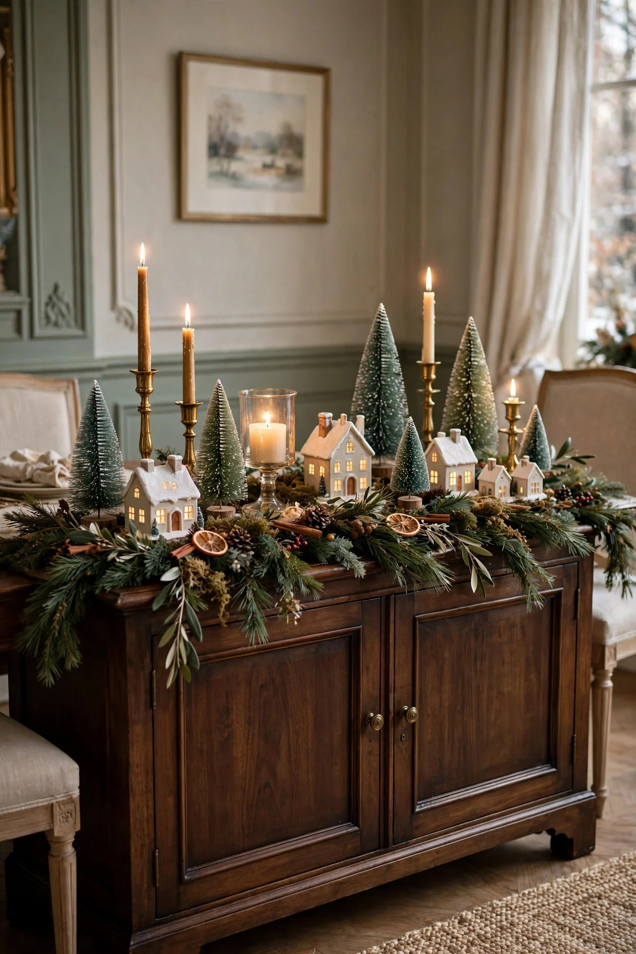 Christmas sideboard styled with garland, candles, and village houses