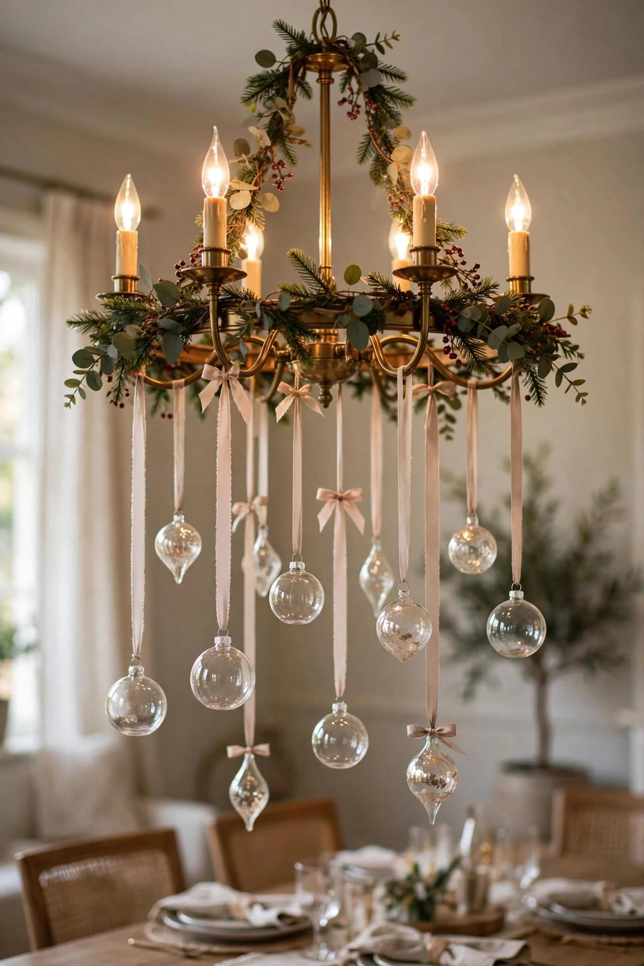 Chandelier decorated with garland and hanging ornaments