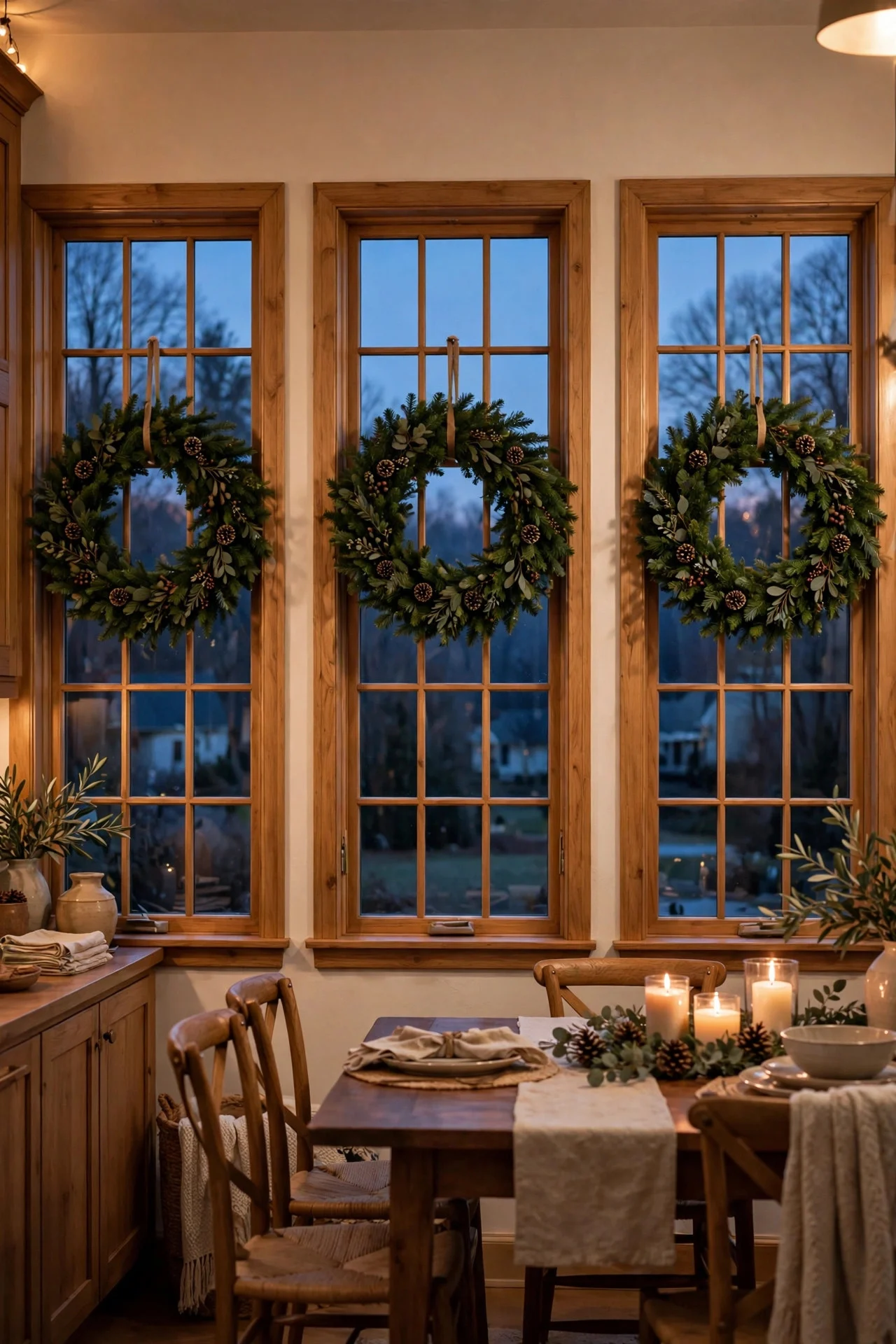 Matching Christmas wreaths hung in dining room windows