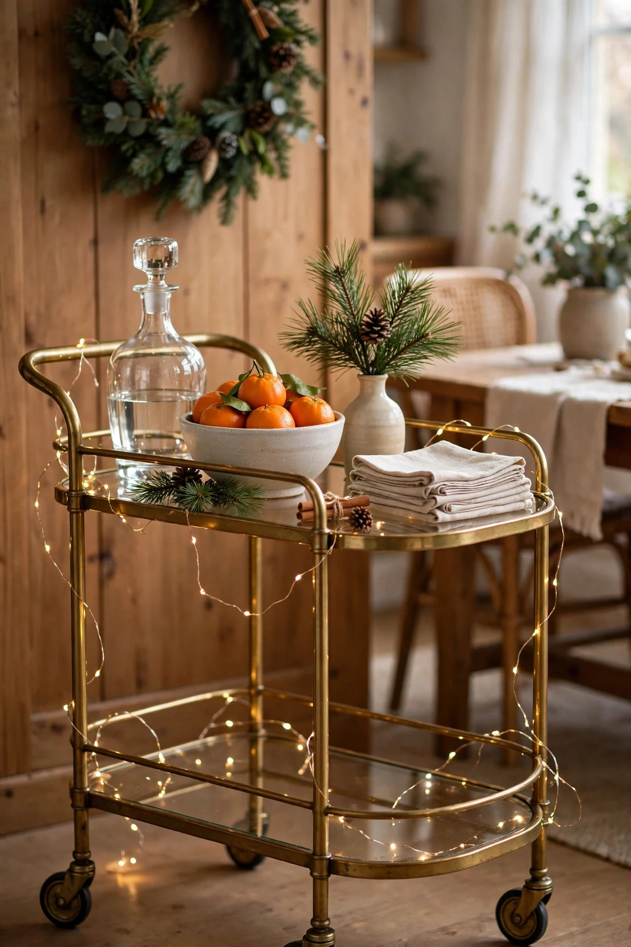 Bar cart styled for Christmas with decanter and fairy lights