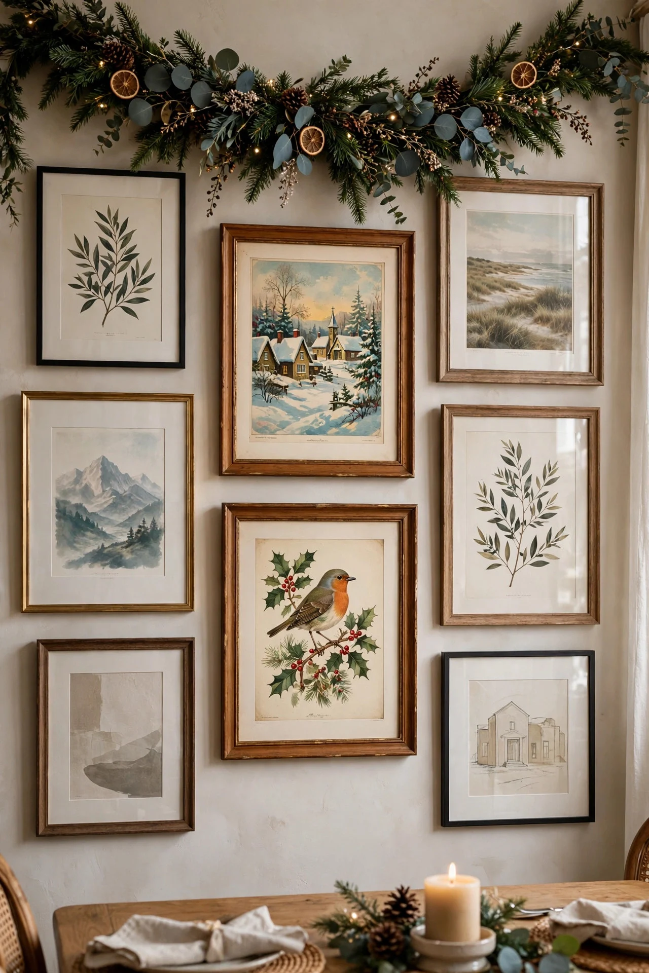 Seasonal Christmas art swapped into dining room gallery wall