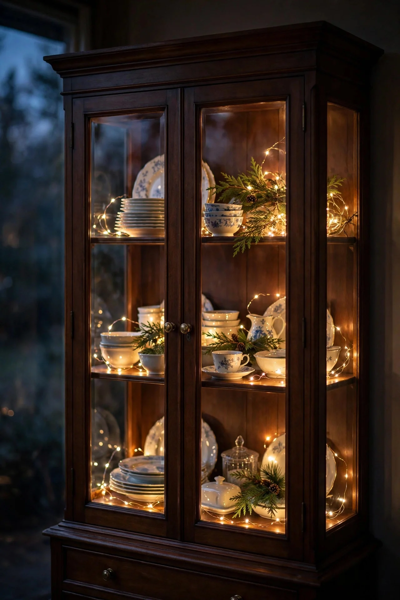 China hutch glowing with fairy lights among dishes