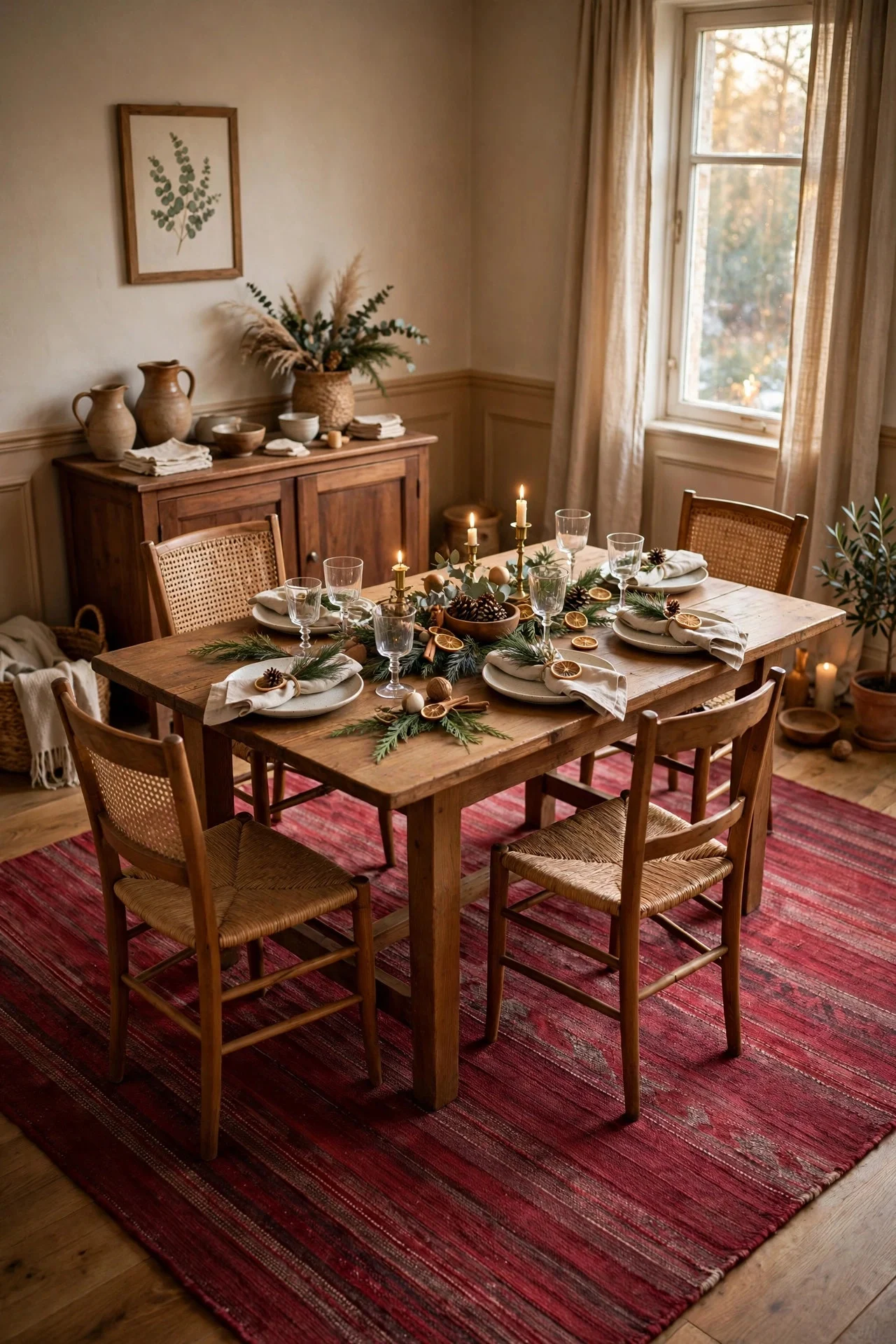 Red flatweave rug layered under Christmas dining table