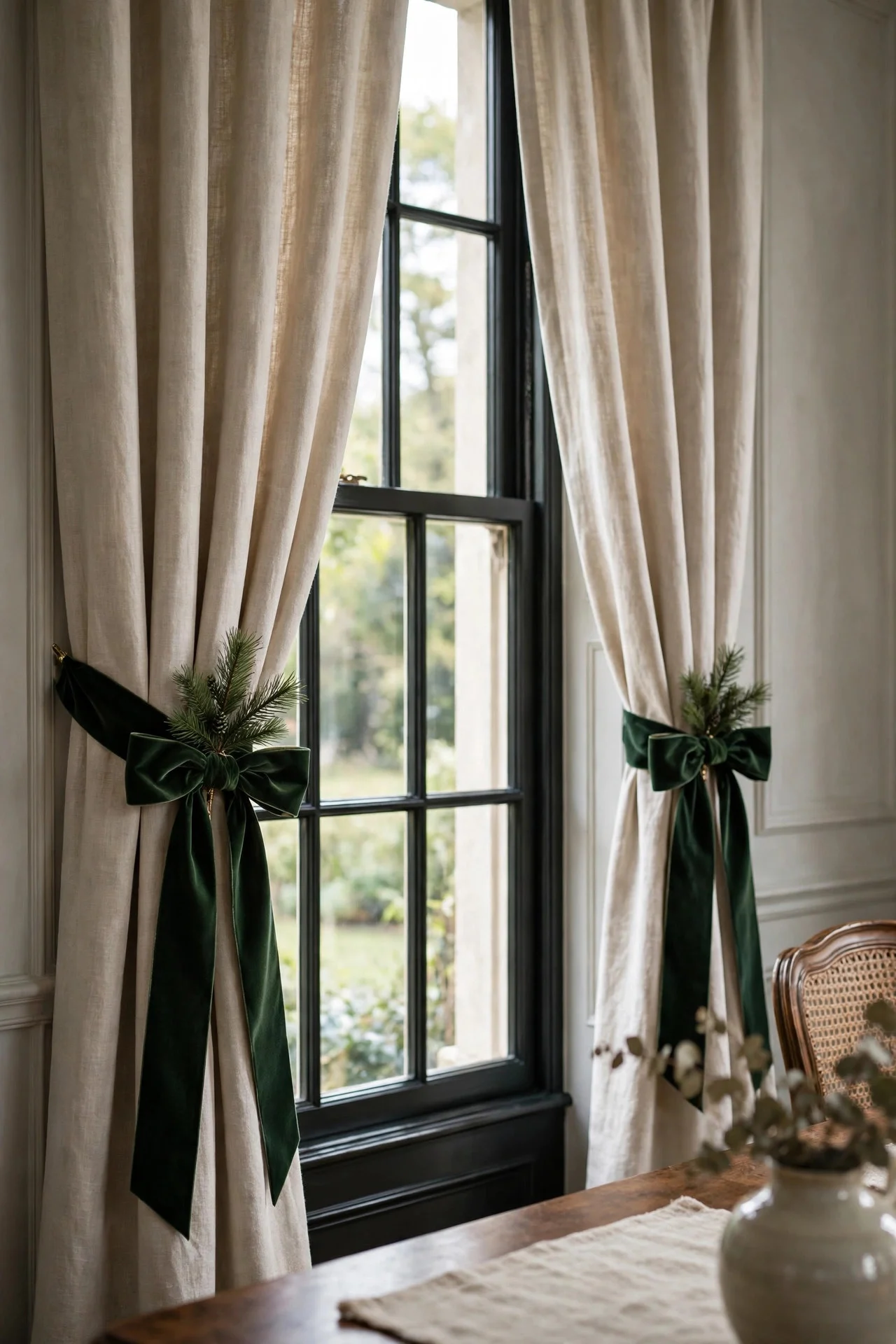 Velvet ribbon bows as Christmas curtain tiebacks