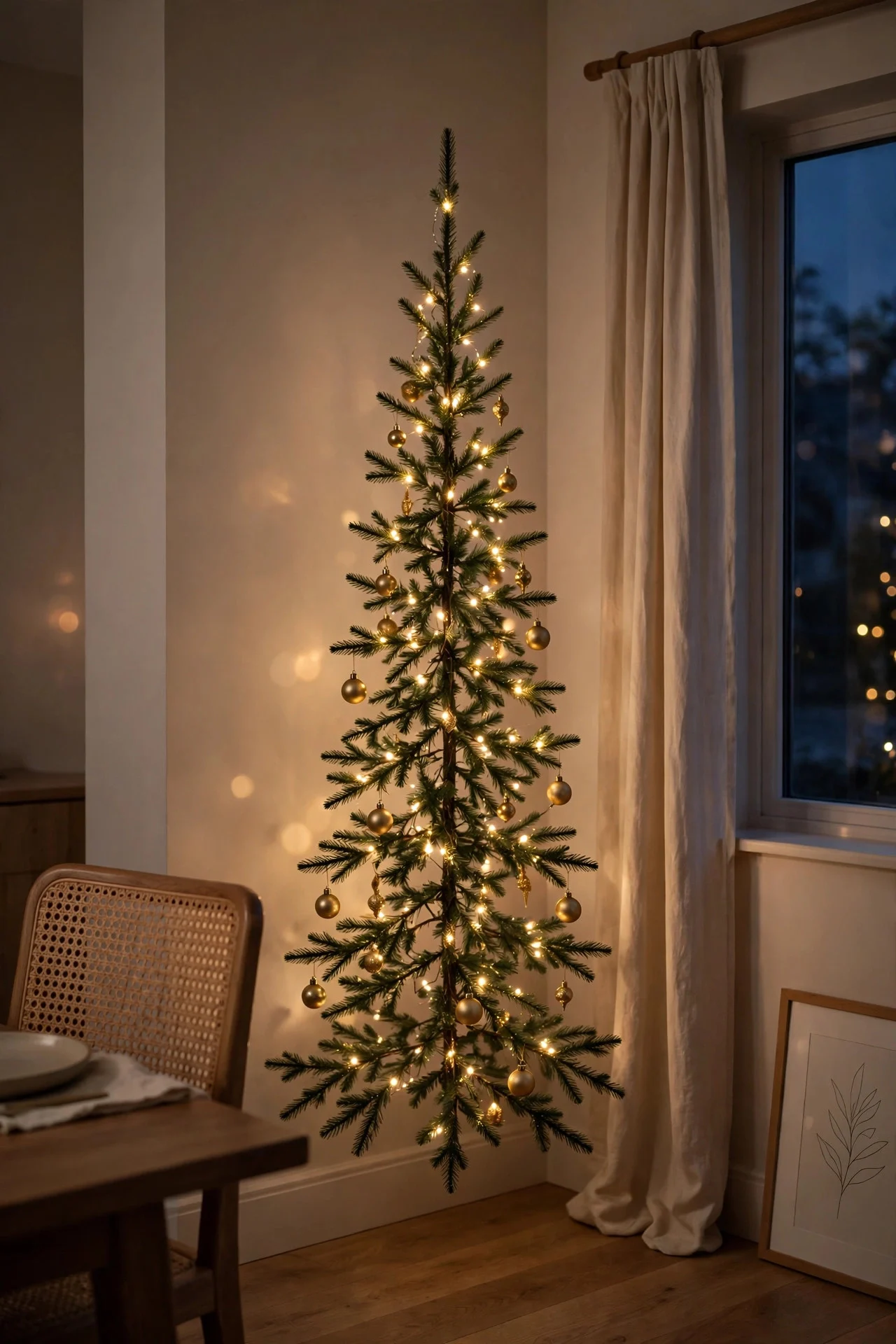 Slim pencil Christmas tree in dining room corner