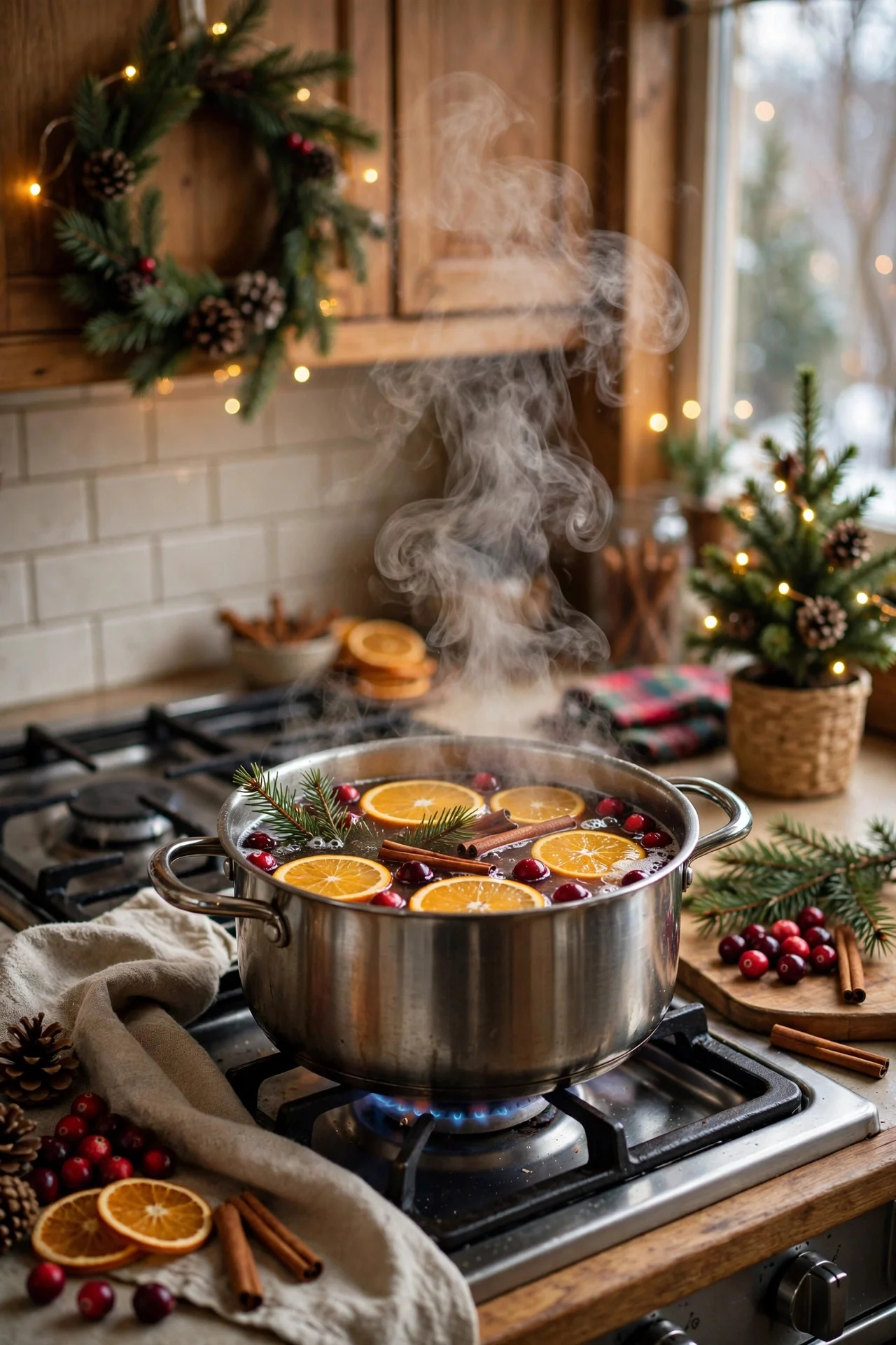 Christmas simmer pot with oranges, cinnamon, and cranberries