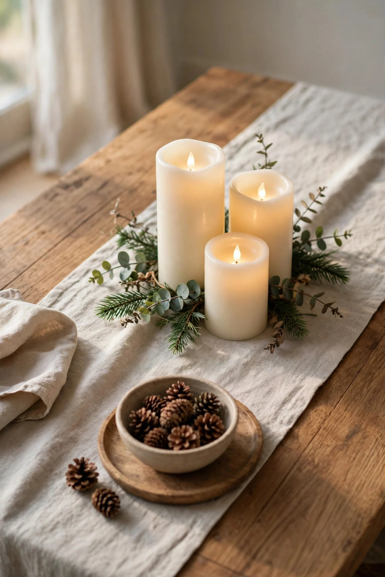 Simple everyday December tablescape with runner and candles