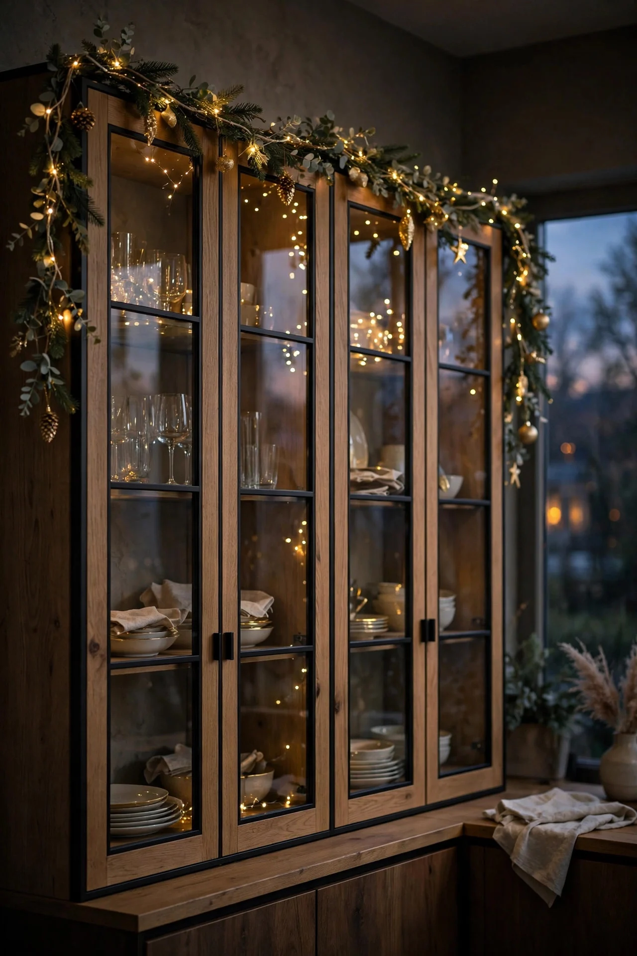 Garland with fairy lights styled along cabinet tops