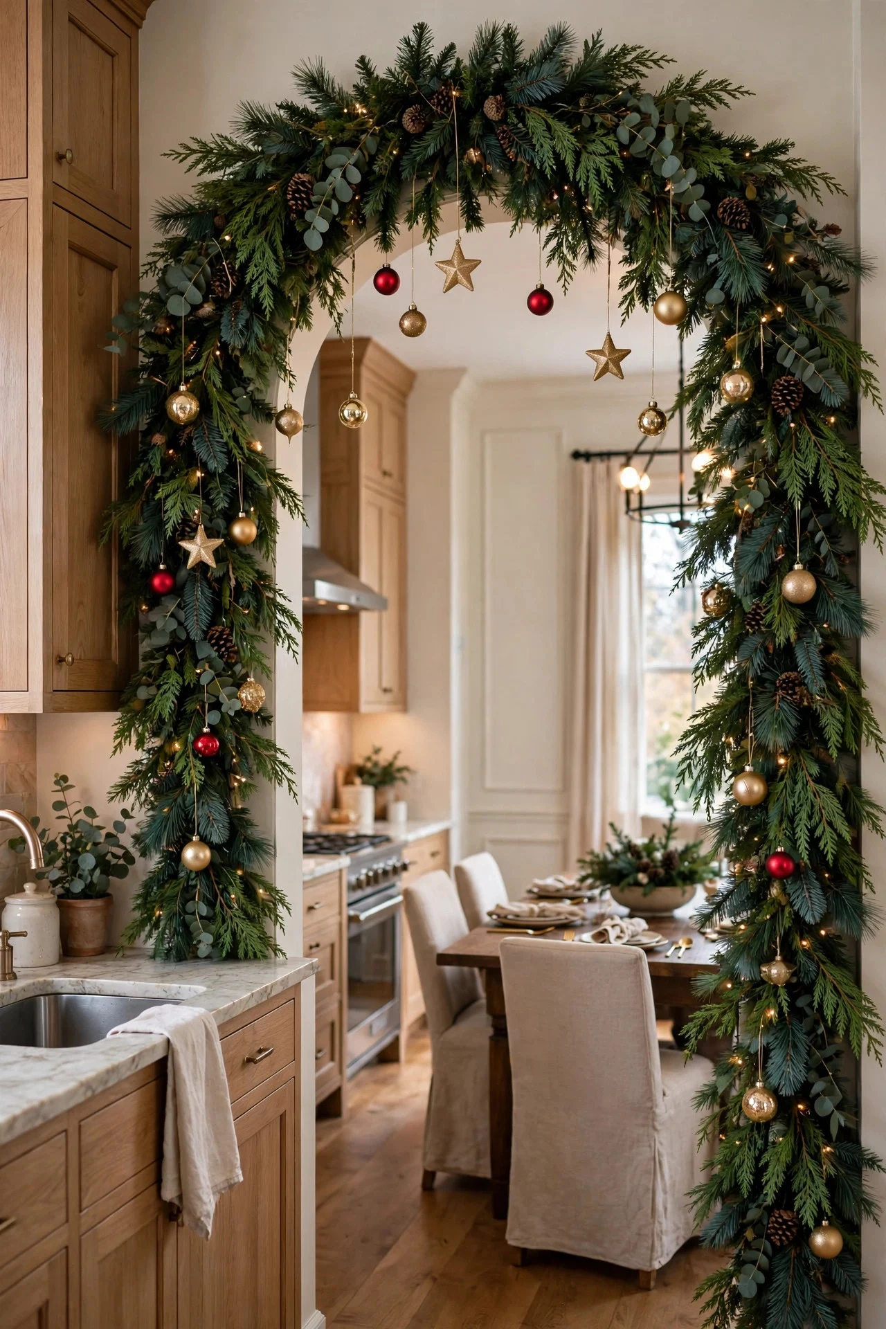 Christmas garland arch framing dining room doorway