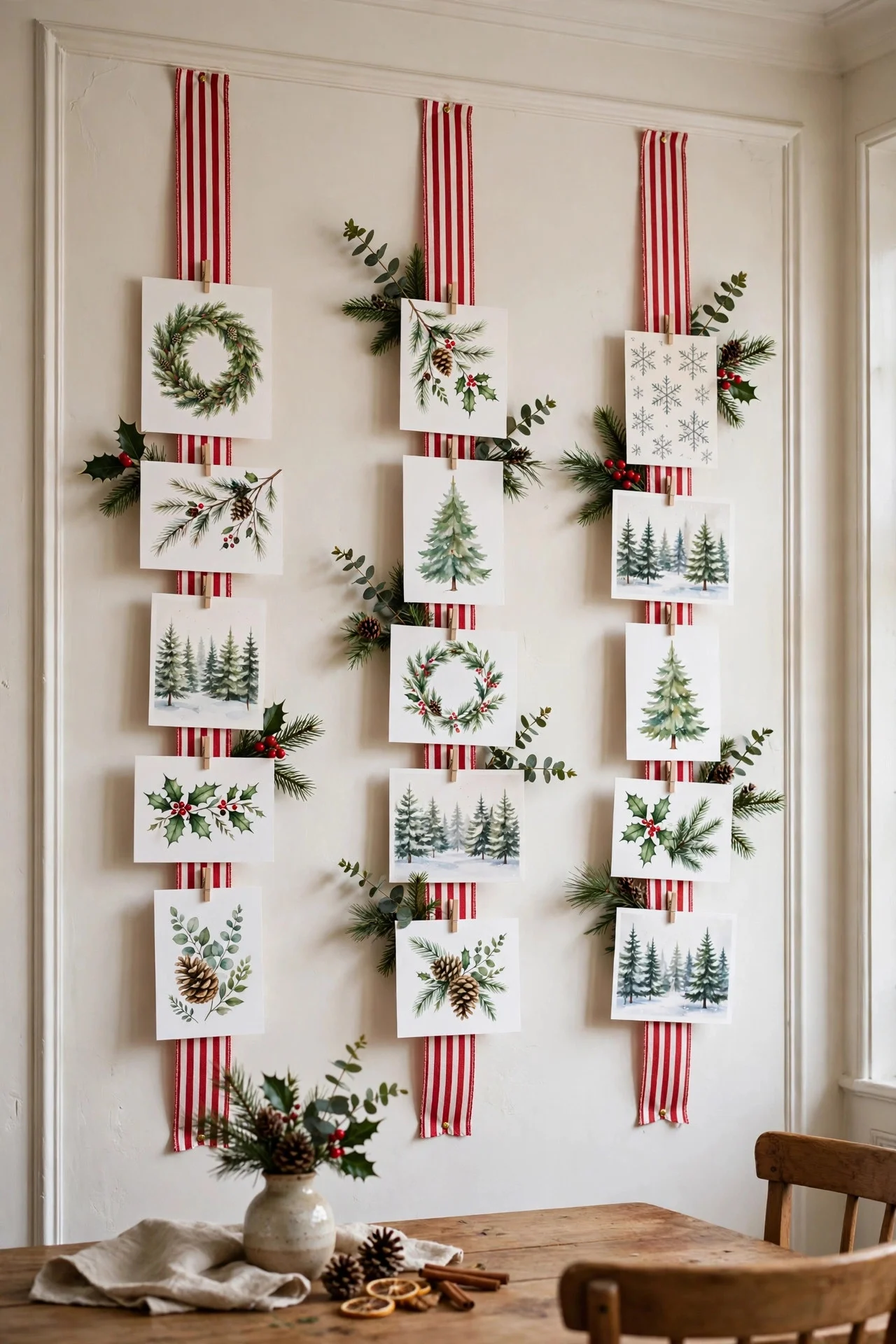 Christmas cards displayed on striped ribbons with clothespins
