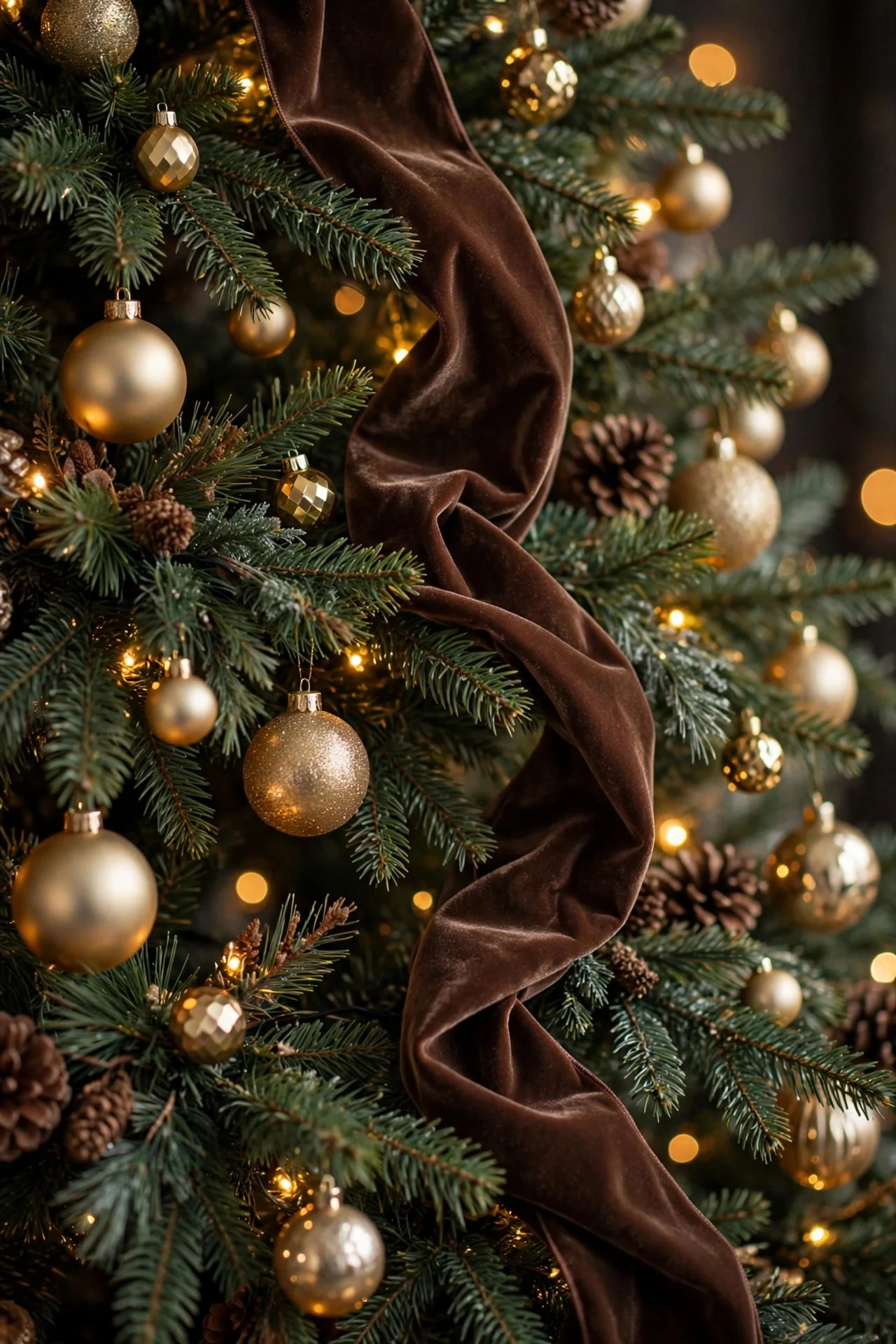 Christmas tree with chocolate brown velvet ribbon
