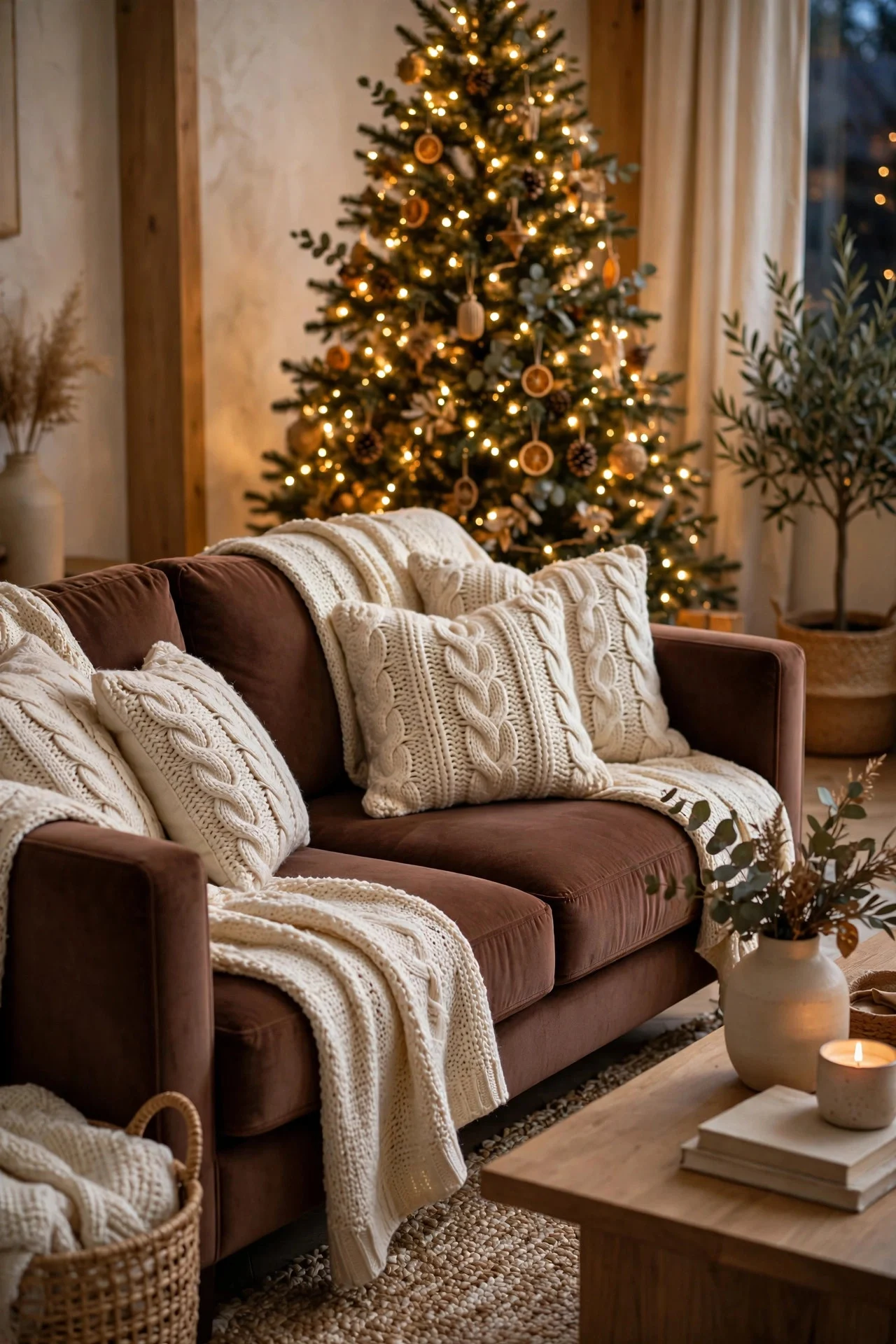 Sofa with cocoa brown velvet throw pillows at Christmas
