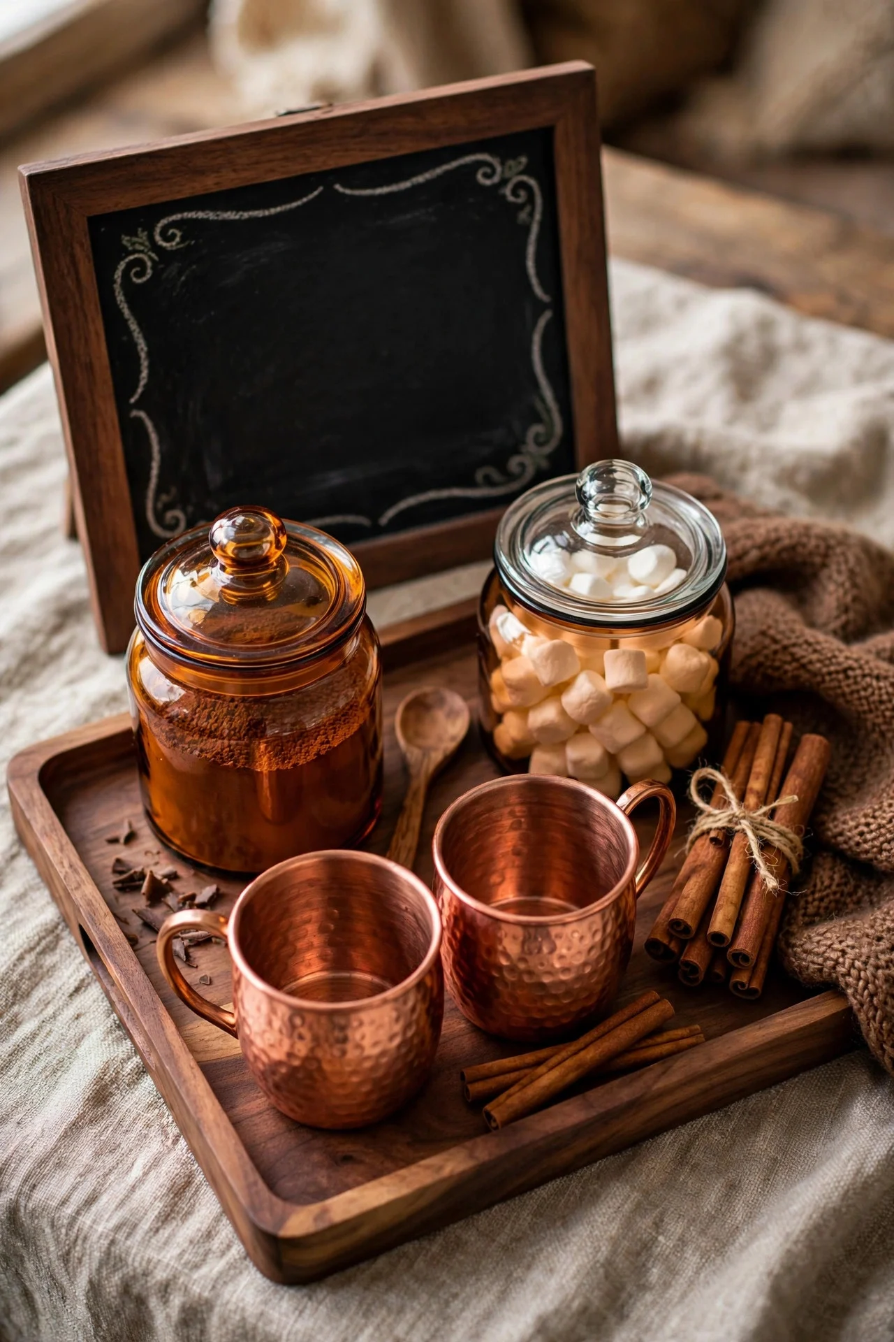 Hot cocoa bar styled in brown tones with copper mugs