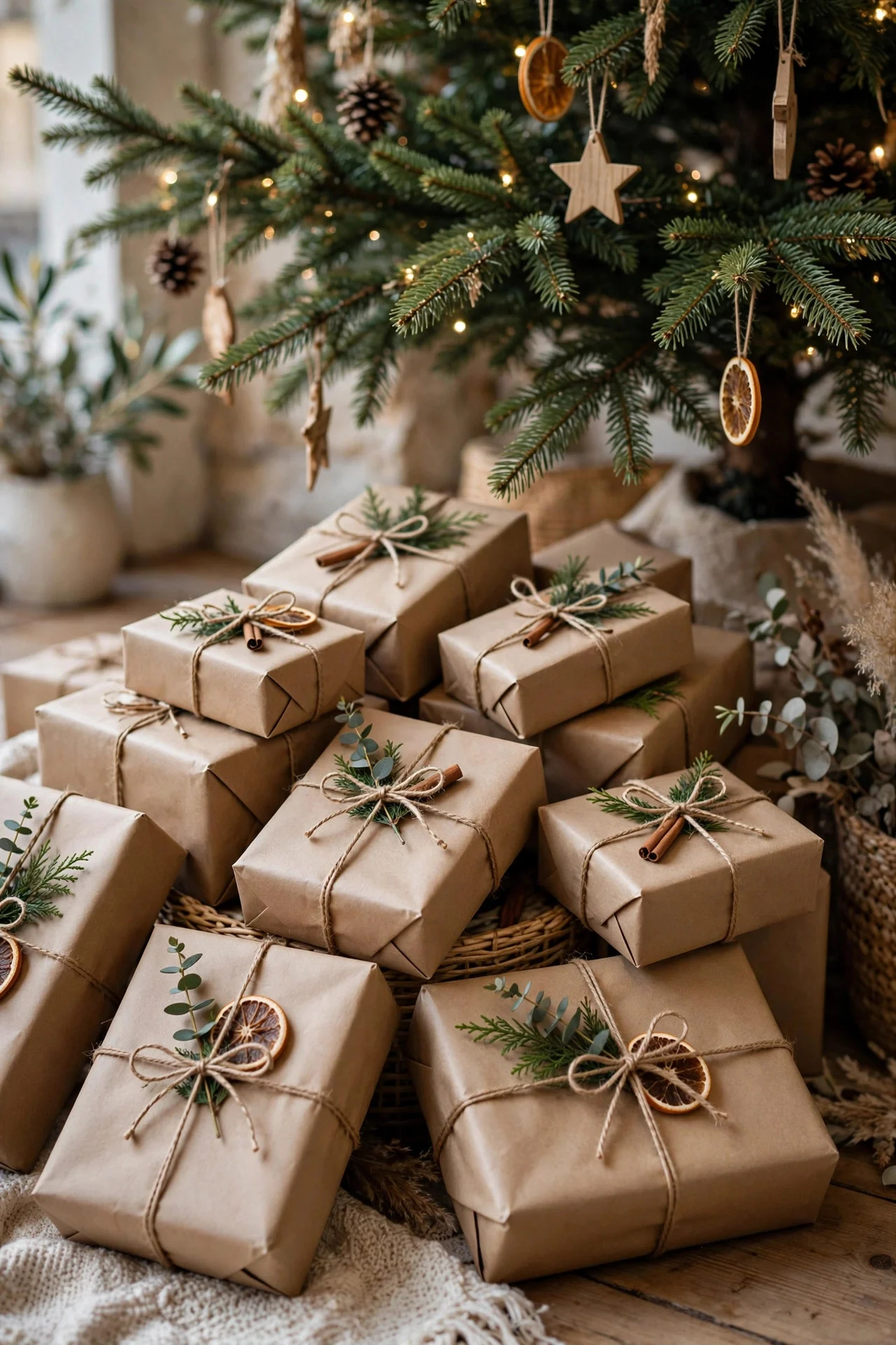 Kraft paper gifts tied with cocoa twine under tree