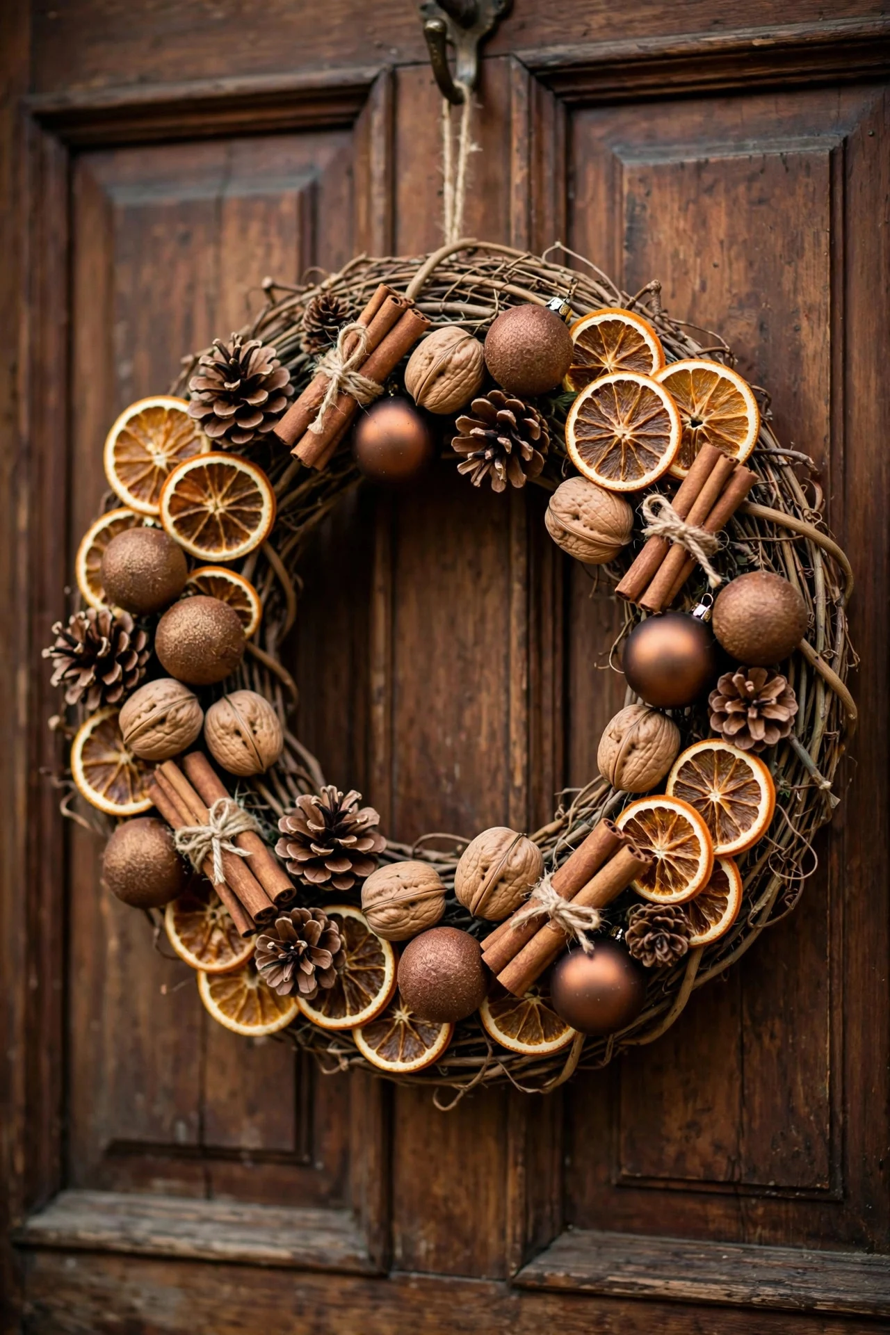 Gingerbread-toned wreath with dried oranges and cinnamon