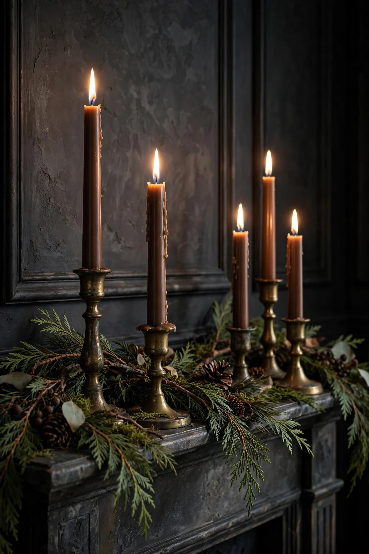 Mocha taper candles in aged brass holders on mantel