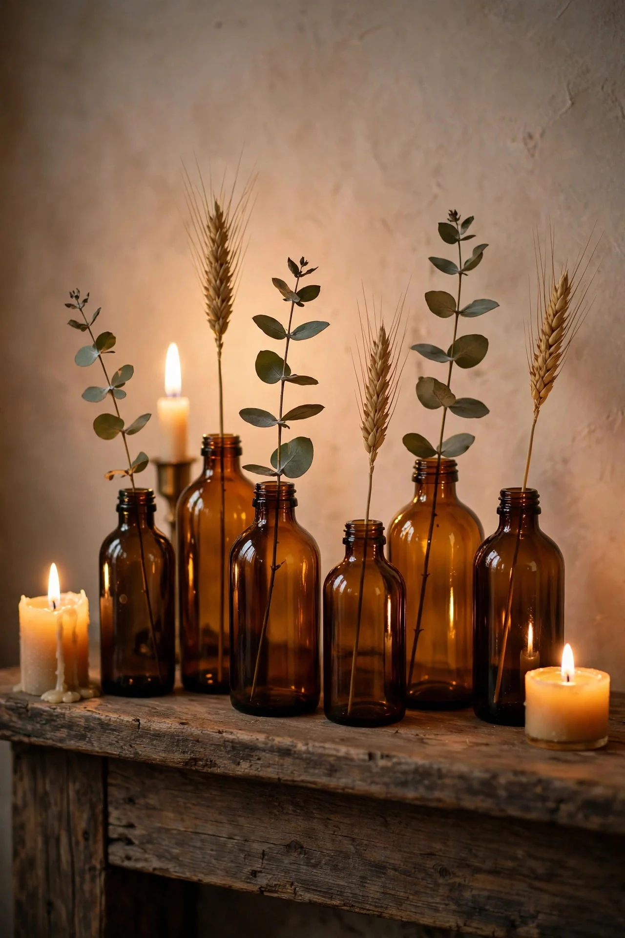 Amber glass bottles as bud vases with dried stems