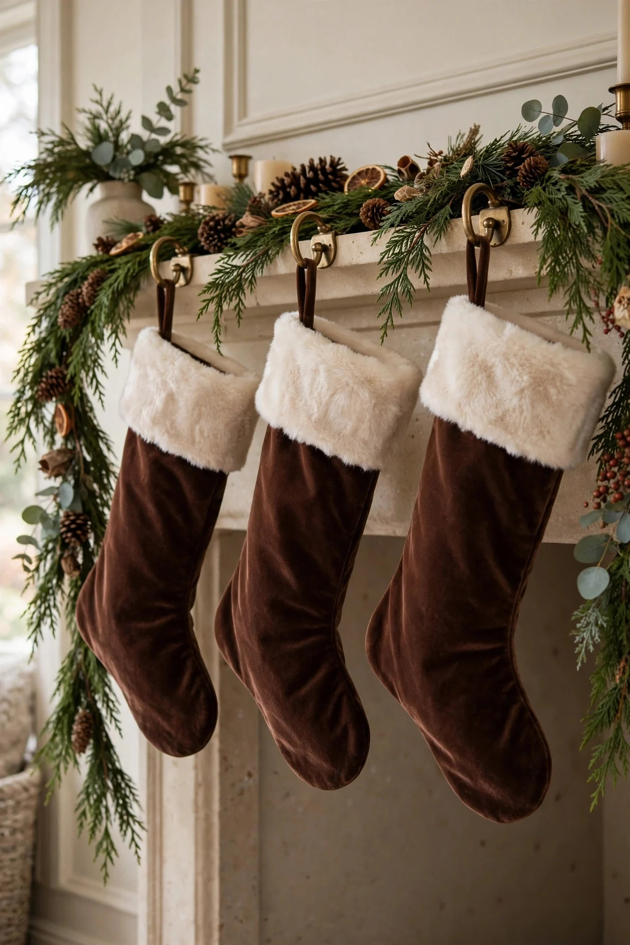 Chocolate velvet stockings with fur cuffs on mantel