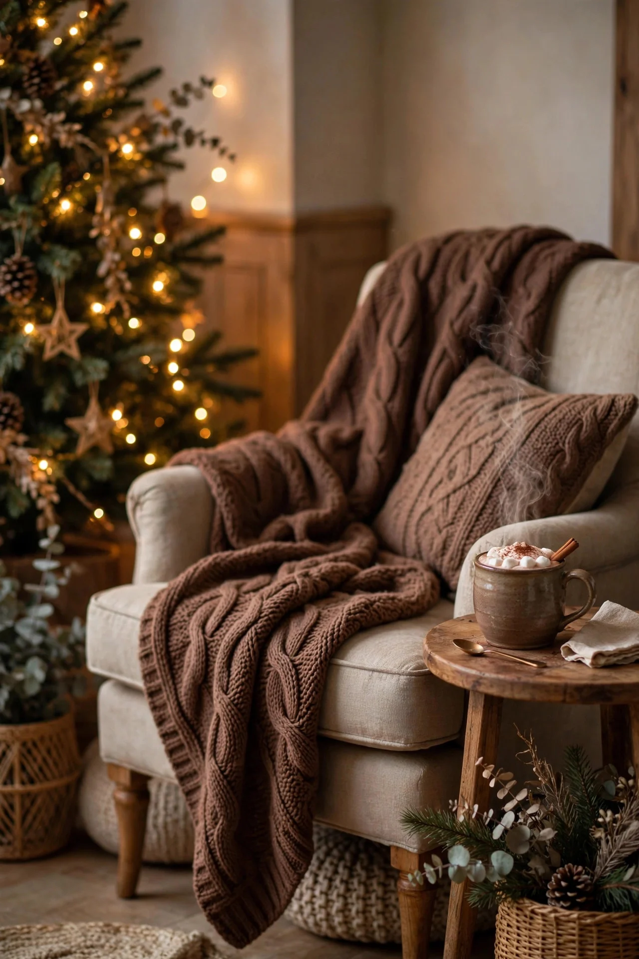 Reading chair with cocoa knit throw and hot cocoa