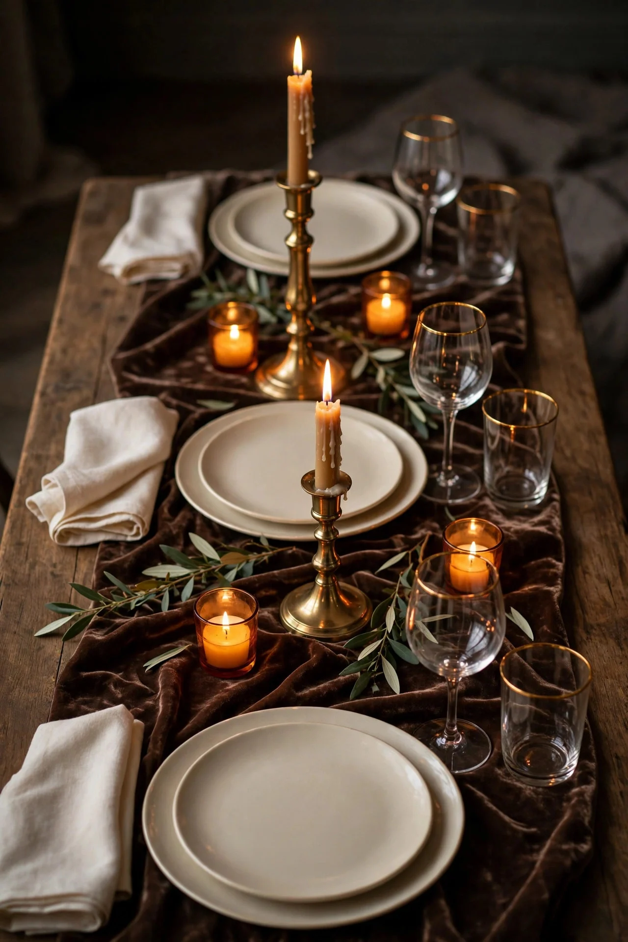 Dining table with brown velvet runner and brass candlesticks