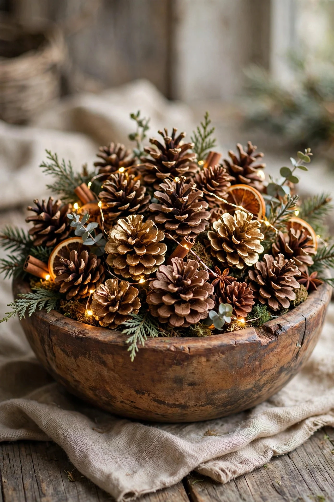 Dough bowl of pinecones in chocolate and gold tones